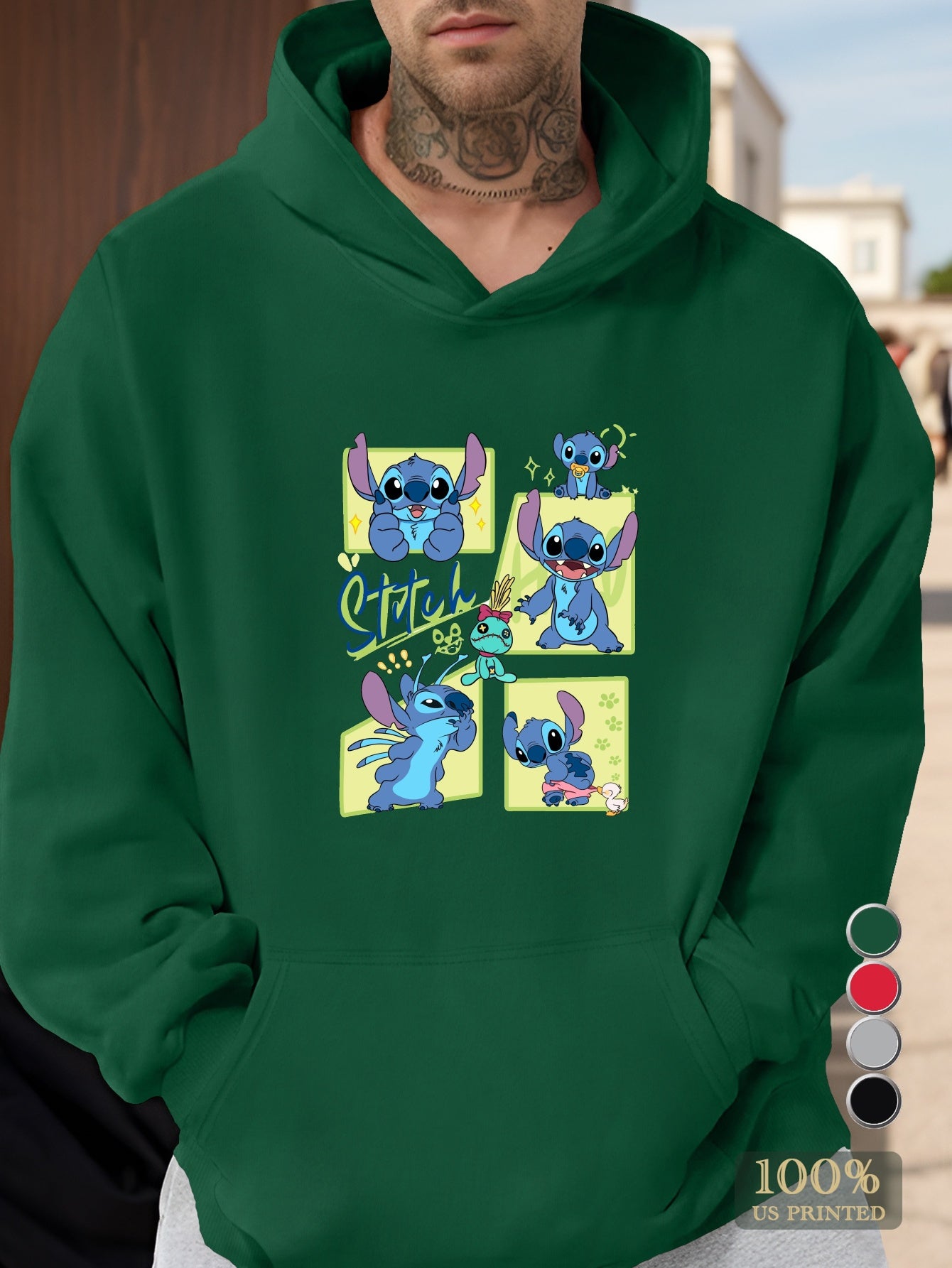 Men'S Stitch Cartoon Character Hoodie - Gray Casual Pullover with Front Pocket, Loose Fit, Long Sleeve, Non-Stretch Fabric for Fall/Winter, Cute Hoodies