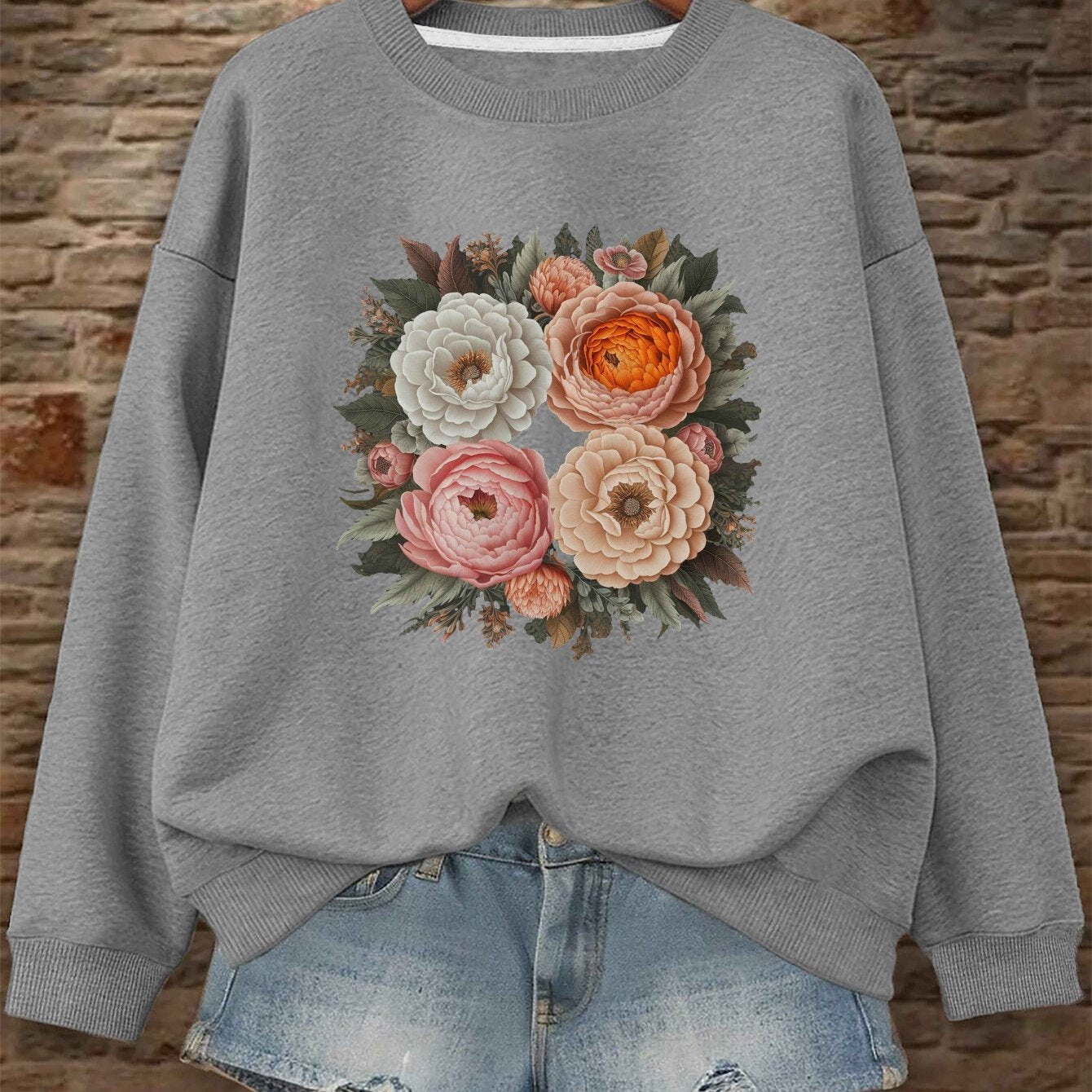 TeeDiy Women's Floral Embroidered Sweatshirt - Casual Long Sleeve, Round Neck, 100% Polyester, Machine Washable - Elegant Black with Pink & Orange Flowers, Perfect for Fall/Winter