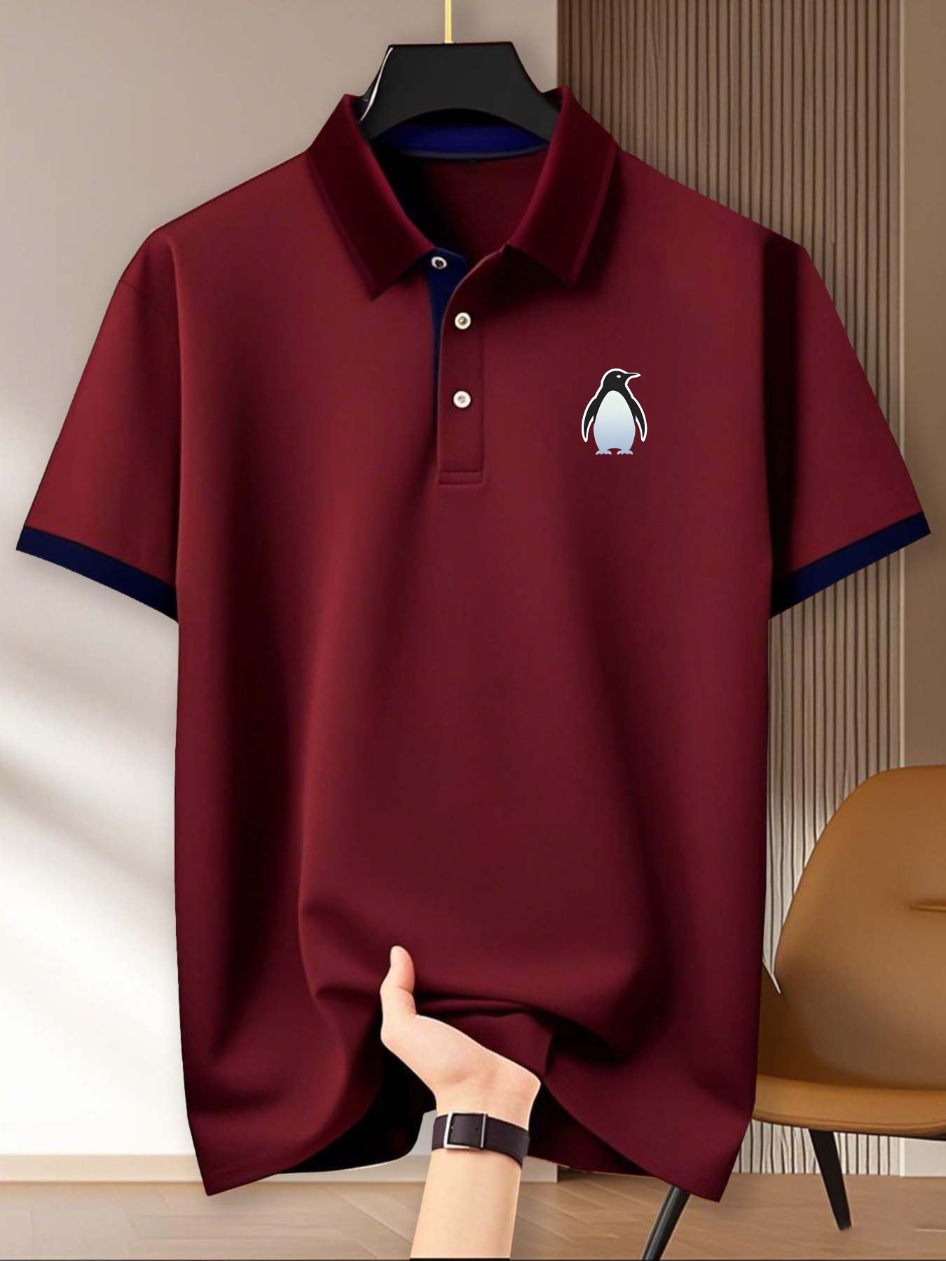 Men'S Gradient Penguin Pattern Short-Sleeve Golf Shirt, Casual Business Comfortable Tennis Training Top - Knit Polyester Fabric, Regular Fit, Collar Design, Slight Stretch, Geometric Pattern, Button Details