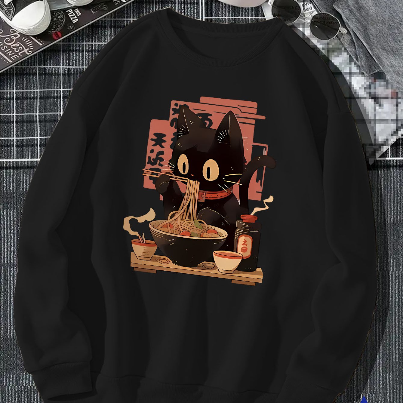 Anime style, animal, cat, ramen, pattern print, men's fashion trend top, autumn and winter leisure outdoor crewneck pullover soft breathable sweatshirt, men's and women's daily commute comfortable long sleeve hoodie