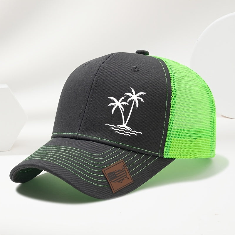 Sports Outdoor Sunshade Fashion Coconut Tree Pattern Print Exquisite Small Faux Leather Badge Hard Top Baseball Cap Hip Hop Duckbill Hat Casual Versatile Fashion Mesh Cap Men and Women Universal Outdoor Party Truck Driver Hat