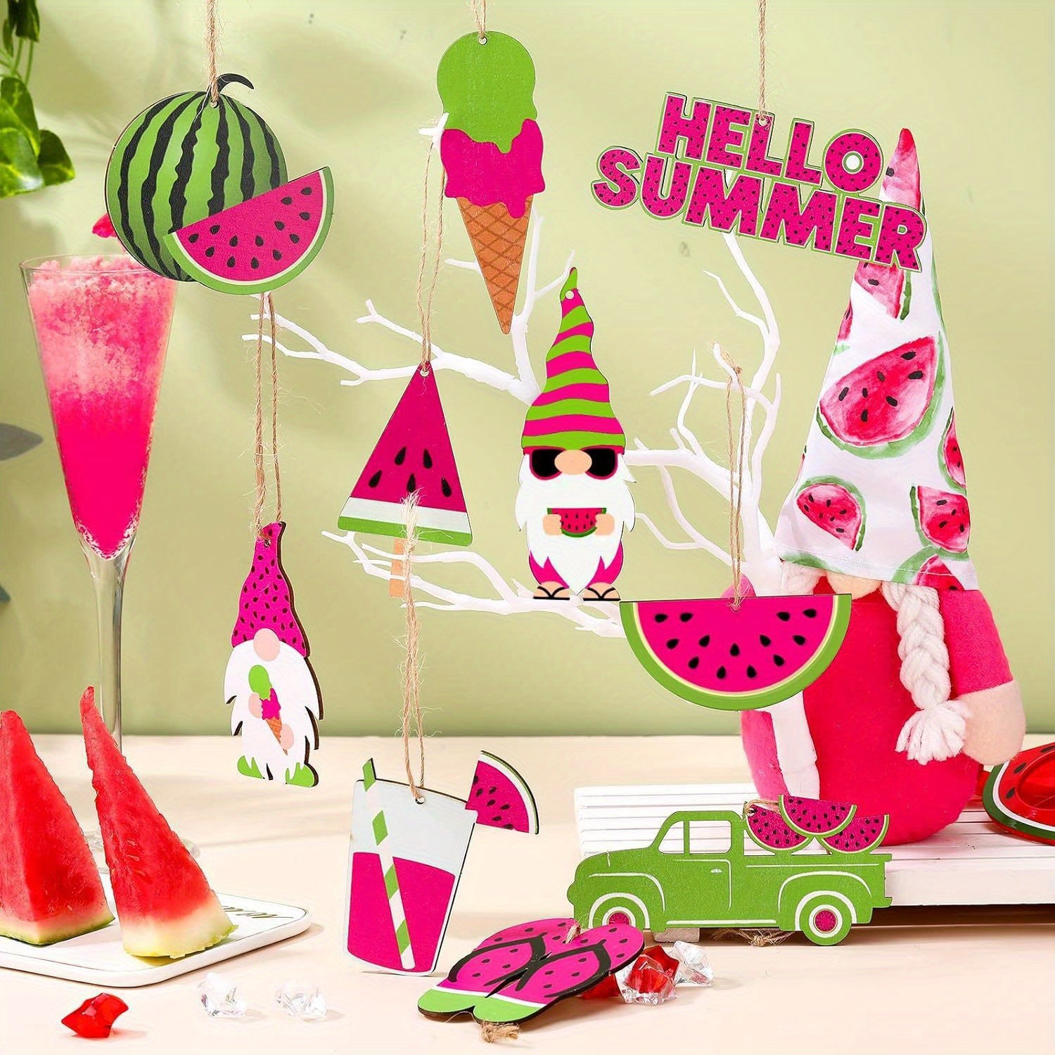 Summer Watermelon Gnome Ice Cream Wooden Ornaments, Watermelon Ice Cream Summer Tree Decorations, Home Hawaiian Holiday Party Decorations
