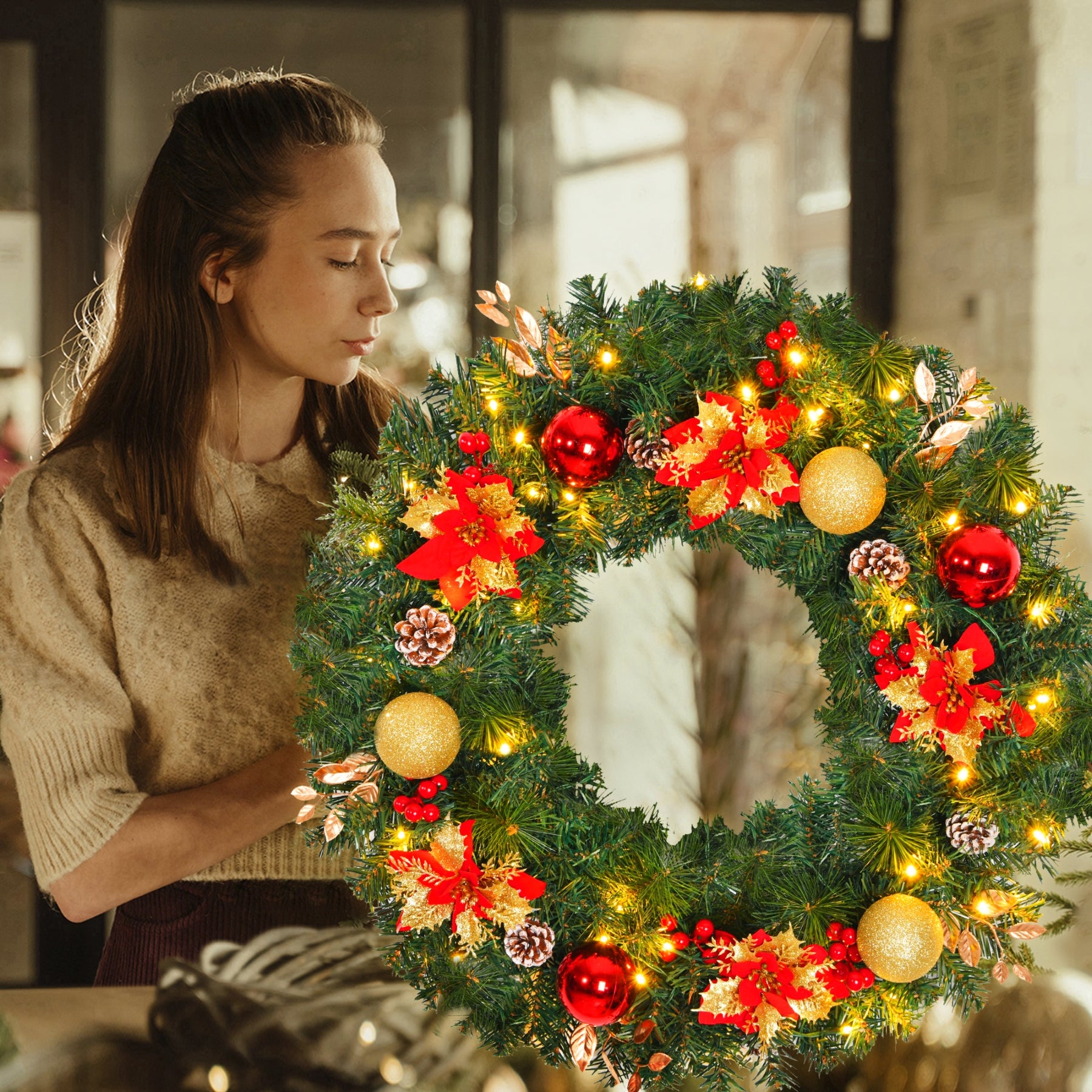 28inch 8 Modes Extra Large Pre-lit Christmas Wreath Artificial Deluxe Lighted Christmas Wreath Decorations Ornament with LED Lights Door Window Fireplace Decor Timer Function