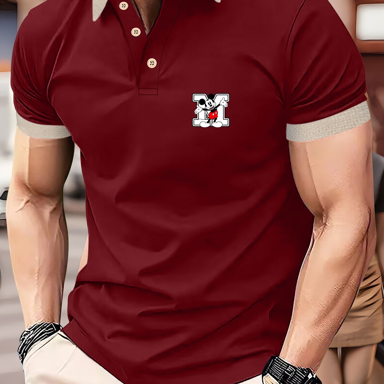 Disney Genuine Men's Series Classic Mickey Mouse M letters printed on the left chest small design summer business fashion Lightweight polyester breathable and quick drying Men's shirts suitable for outdoor sports golf wear