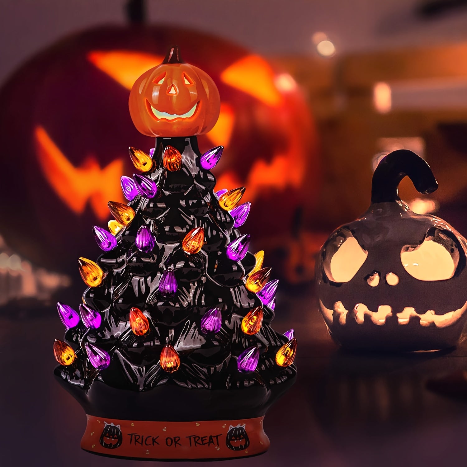 2025 Best Christmas Tree - Ceramic Tree for Halloween/Christmas Decoration Orange Pumpkin Head - Trick Or Treat- LED Light Up, Battery not Included - Christmas/Halloween Gift
