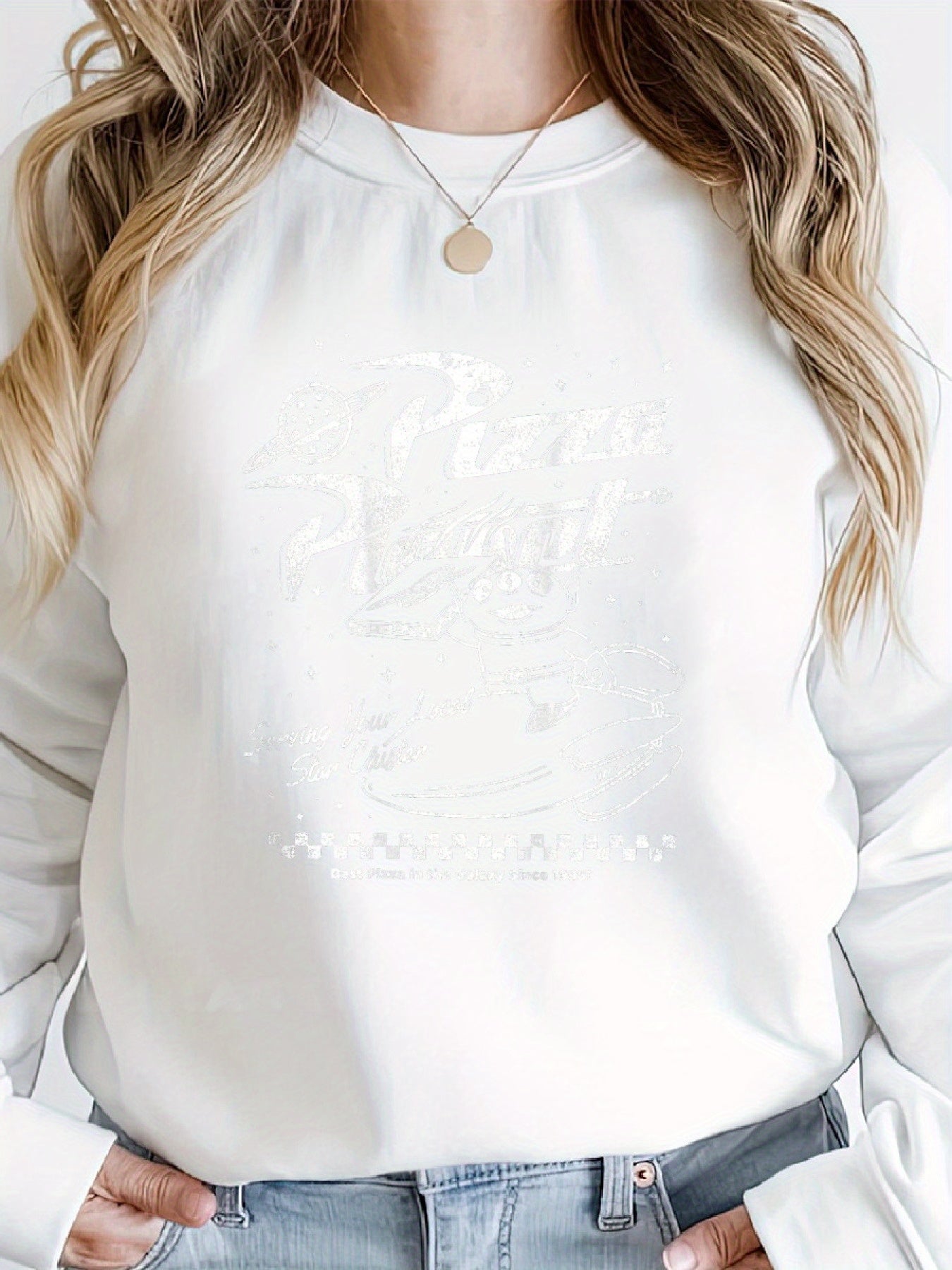 Women'S Cotton Blend Knit Crew Neck Sweatshirt with Pizza Planet Graphic - Casual Fall/Winter Top