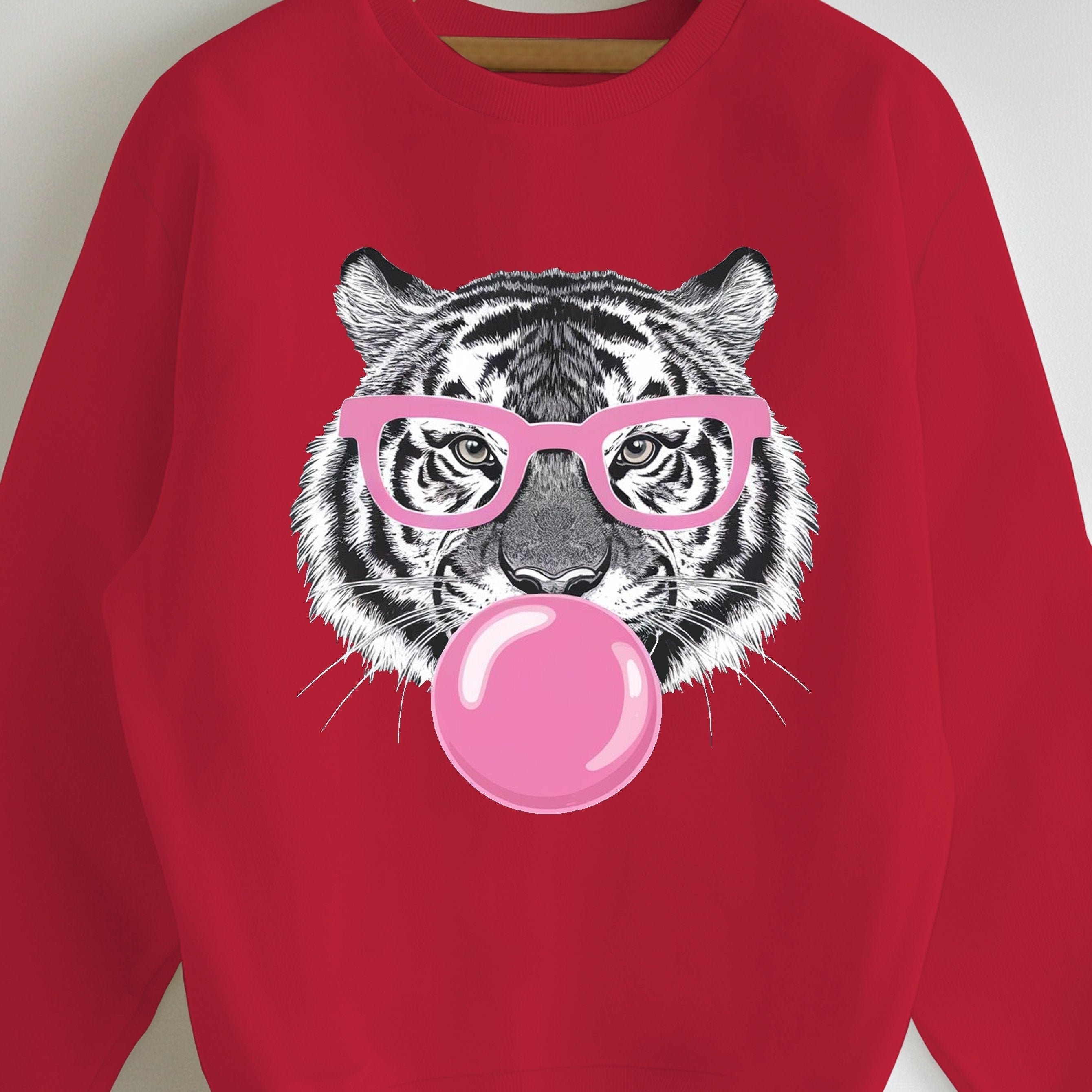 Women's Cozy Green Tiger Bubblegum Graphic Sweatshirt - Casual Crew Neck, Long Sleeve, 100% Polyester Pullover, Machine Washable - Perfect for Fall/Winter
