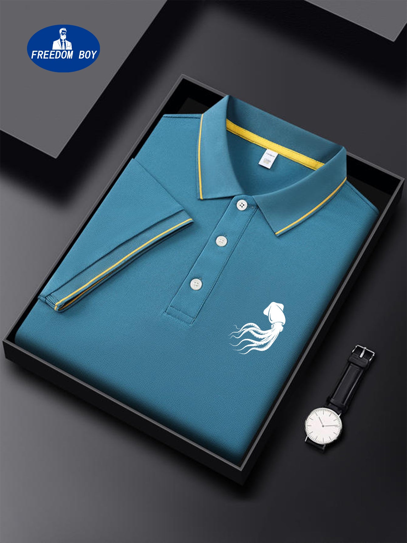 Octopus Logo Men'S Summer Short Sleeved Polo Shirt with Small Logo Pattern, High-End Feel, Light Business, Short Sleeved Top, Suitable for Sports, Golf, Tennis, Fishing, Leisure Vacation Wear