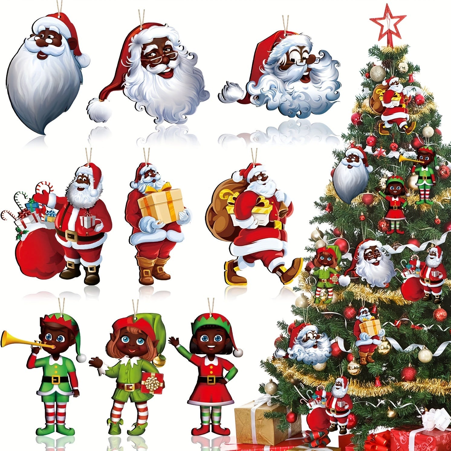 Traditional Wooden Black Santa Claus - Hanging Christmas Tree Decoration for Party - Elf Santa Claus