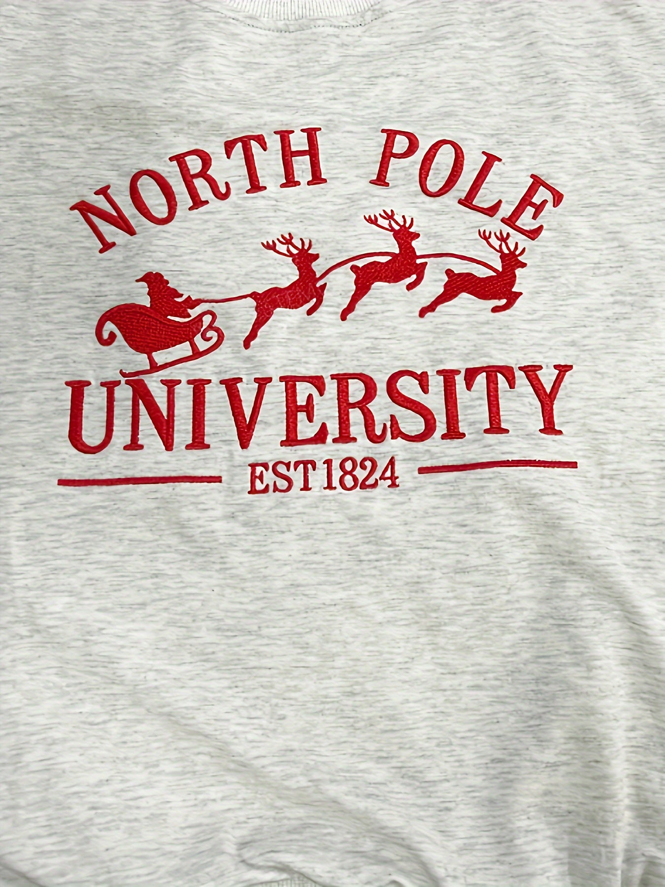 Women's Long Sleeve French Text Embroidered Round Neck Sweatshirt NORTH POLE UNIVERSITY