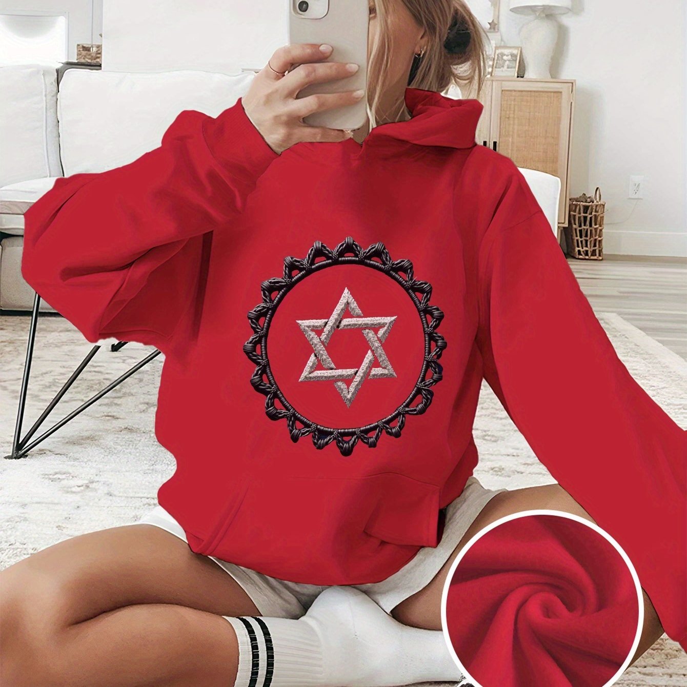 Silvery Star Of David Embroidered Motif Women's plus size hoodies