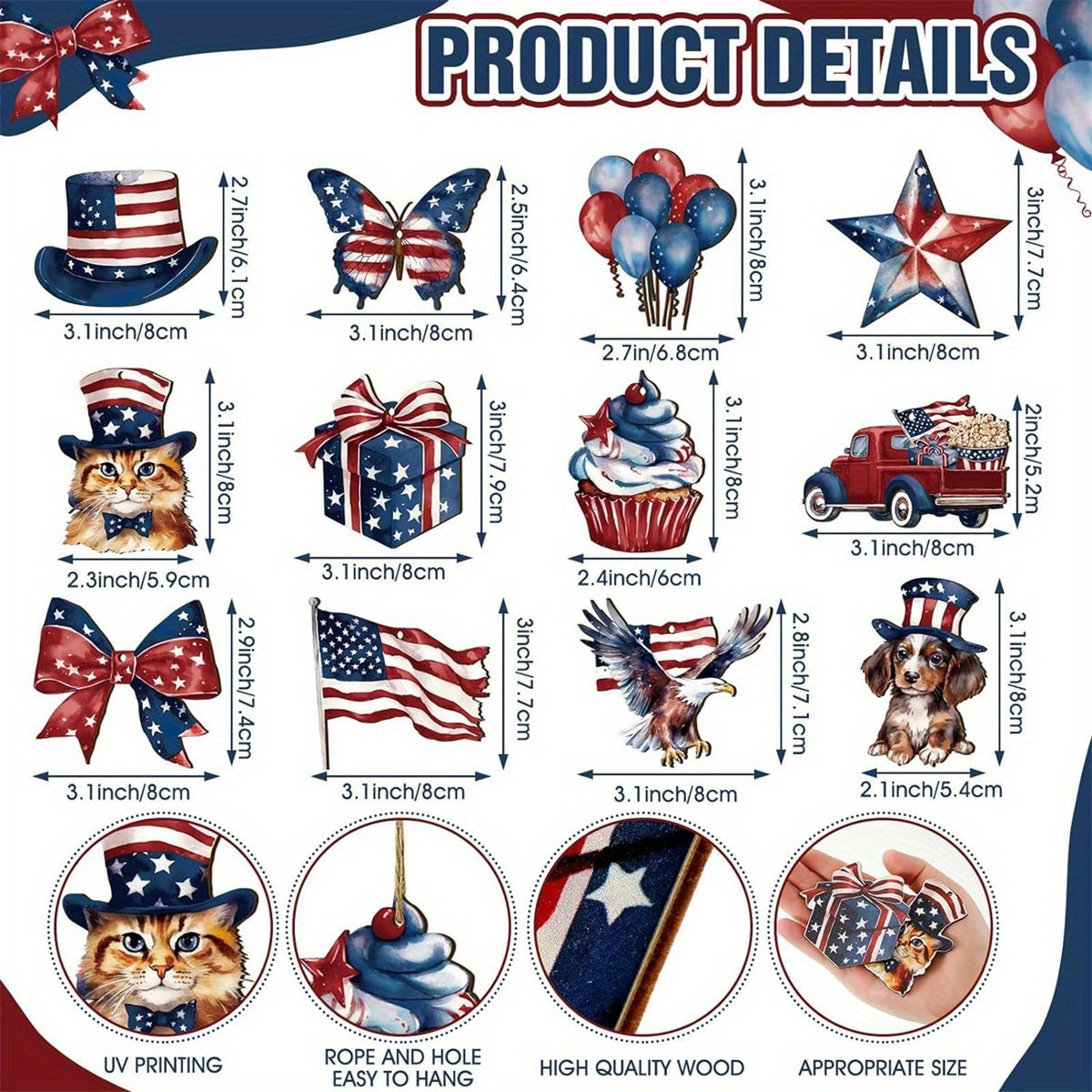 Patriotic Wooden Hanging Ornaments - Red, White & Blue American Flag Decorations for 4th of July, Memorial Day, and Independence Day Celebrations
