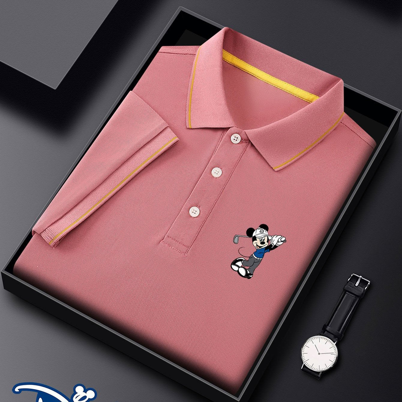 Disney Men's Shirt with Mickey Mouse Golf Print - Lightweight Quick-Dry Breathable Polyester, Casual Business Golf Shirt, Short Sleeve Summer Top, Machine Washable Gift for Husband & Friends