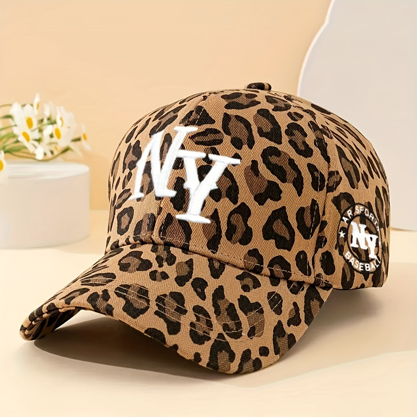 Leopard Print Baseball Cap, Breathable Adjustable Trucker Hat with Embroidered