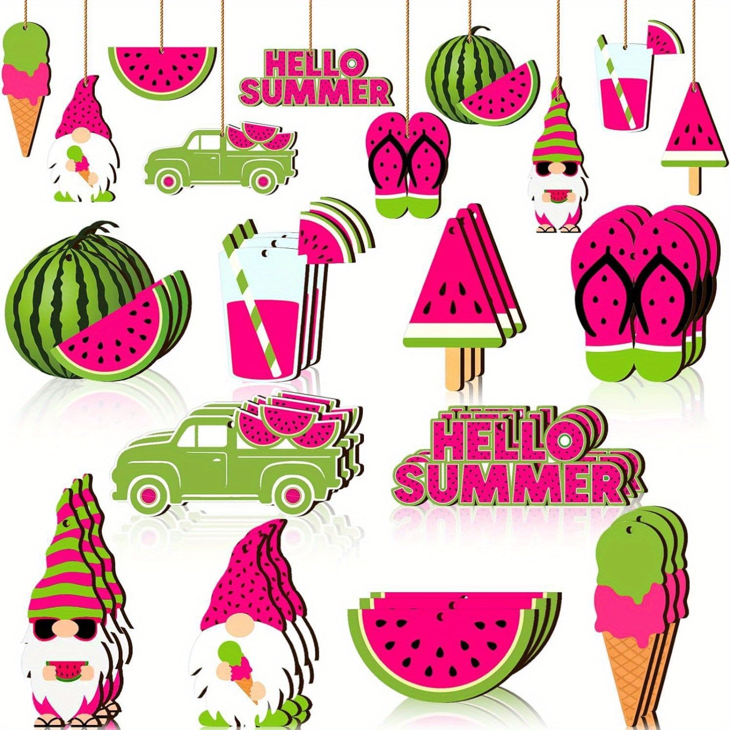 Summer Watermelon Gnome Ice Cream Wooden Ornaments, Watermelon Ice Cream Summer Tree Decorations, Home Hawaiian Holiday Party Decorations