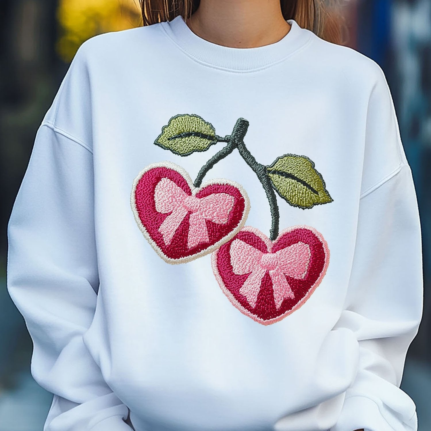 Women'S Cherry Love Heart Bow Embroider Print Sweatshirt Pullover Fall Loose Fashion Long Sleeve Crew Neck Sweatshirt Casual Comfy Clothes