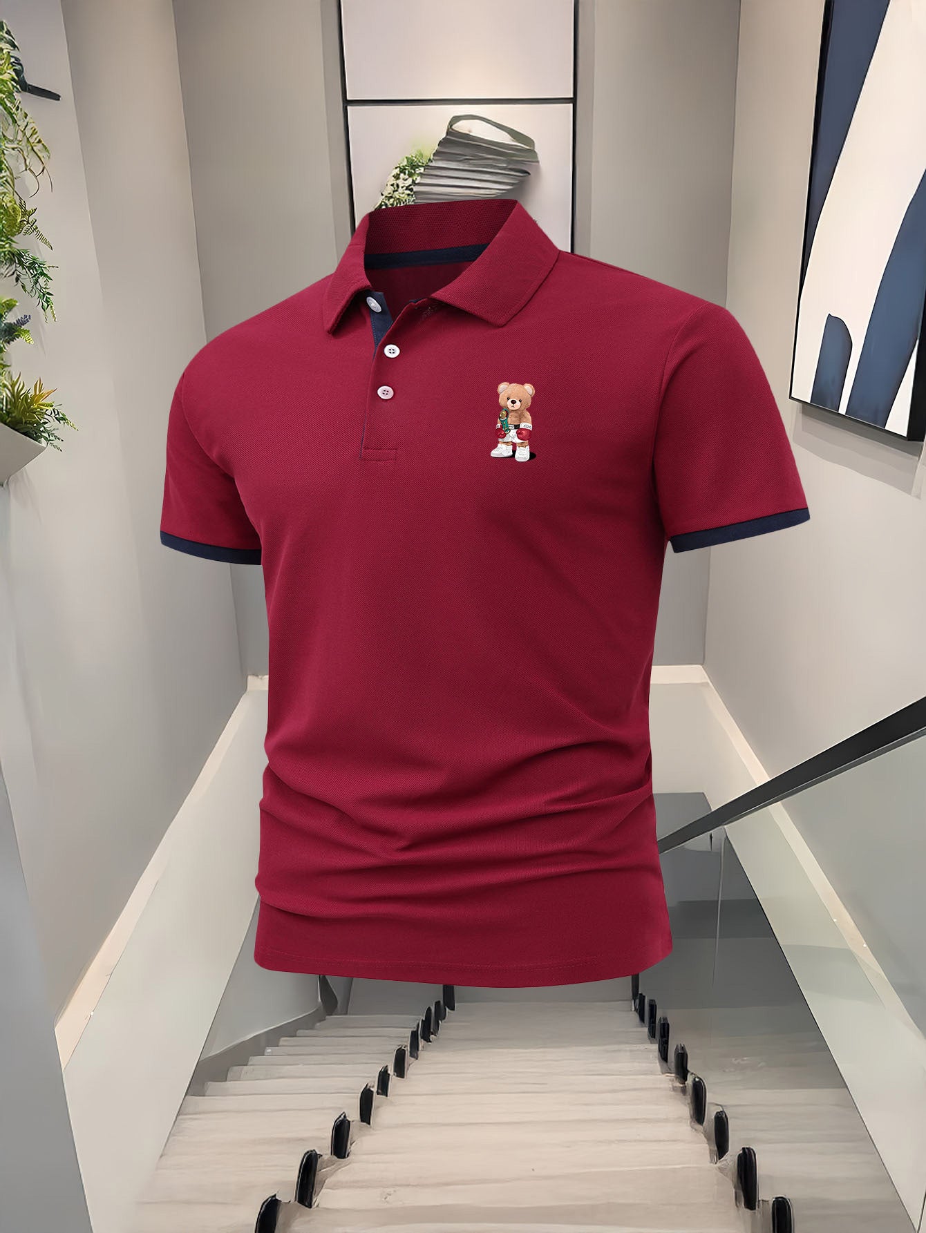 Fighting Little Bear Men'S Polo Shirt - Navy Blue with Red Collar & Cuffs, Cute Bear Graphic Print, Breathable Polyester Knit Fabric, Regular Fit Short Sleeve for Golf, Tennis, Running, Hiking, Casual Wear - Spring/Summer Ess