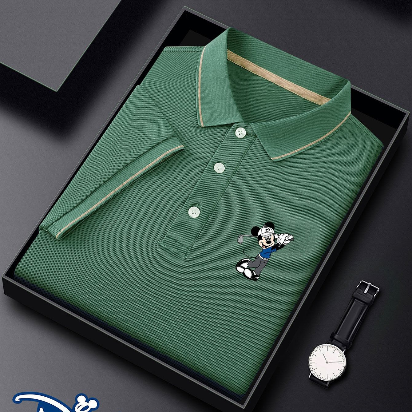 Disney Men's Shirt with Mickey Mouse Golf Print - Lightweight Quick-Dry Breathable Polyester, Casual Business Golf Shirt, Short Sleeve Summer Top, Machine Washable Gift for Husband & Friends