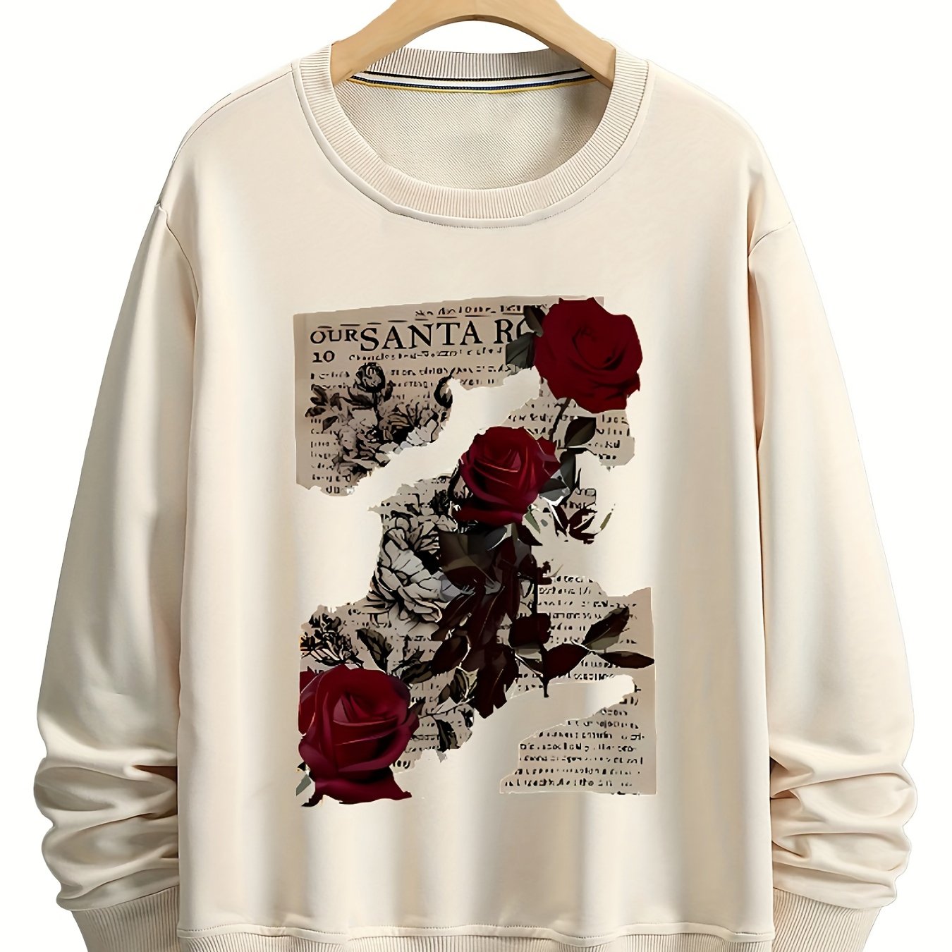 Rose shredded paper Round neck printed hoodie, spring and autumn micro elastic long sleeved, patterned casual hoodie, street style, sports style, retro style top