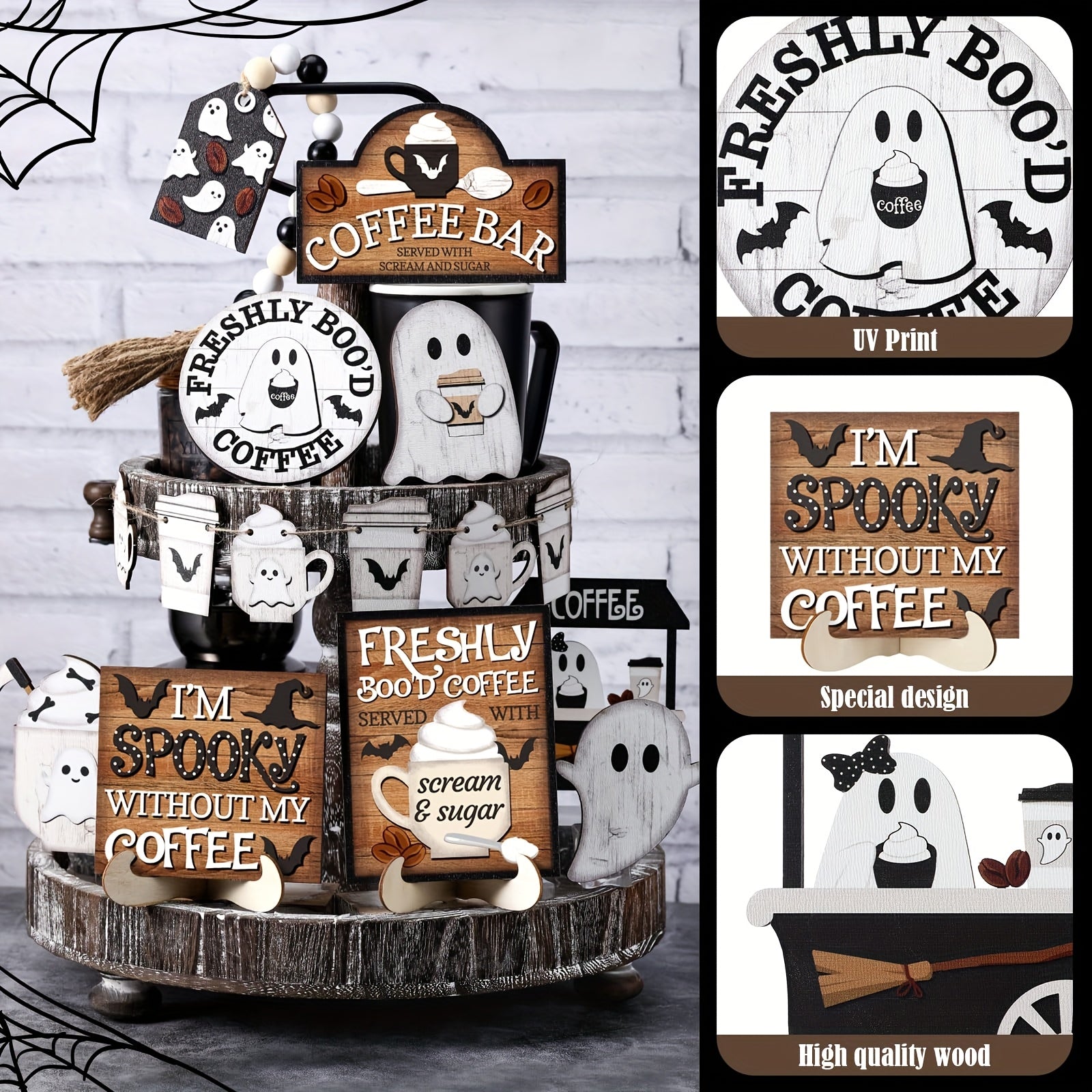 Halloween Tiered Tray Decor Coffee Ghost Decorations Wooden Signs And Bead Garland Farmhouse Rustic For Home Table Party Supplies, Black, White