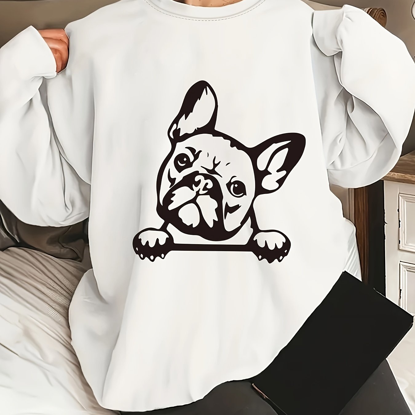 Women's French Bulldog Graphic Crew Neck Sweatshirt - Cozy Casual Long Sleeve Pullover with Relaxed Fit, Machine Washable, All-Season Comfort & Cute Animal Print Design, Everyday Apparel | Round Neckline Top, Dog Sweatshirt