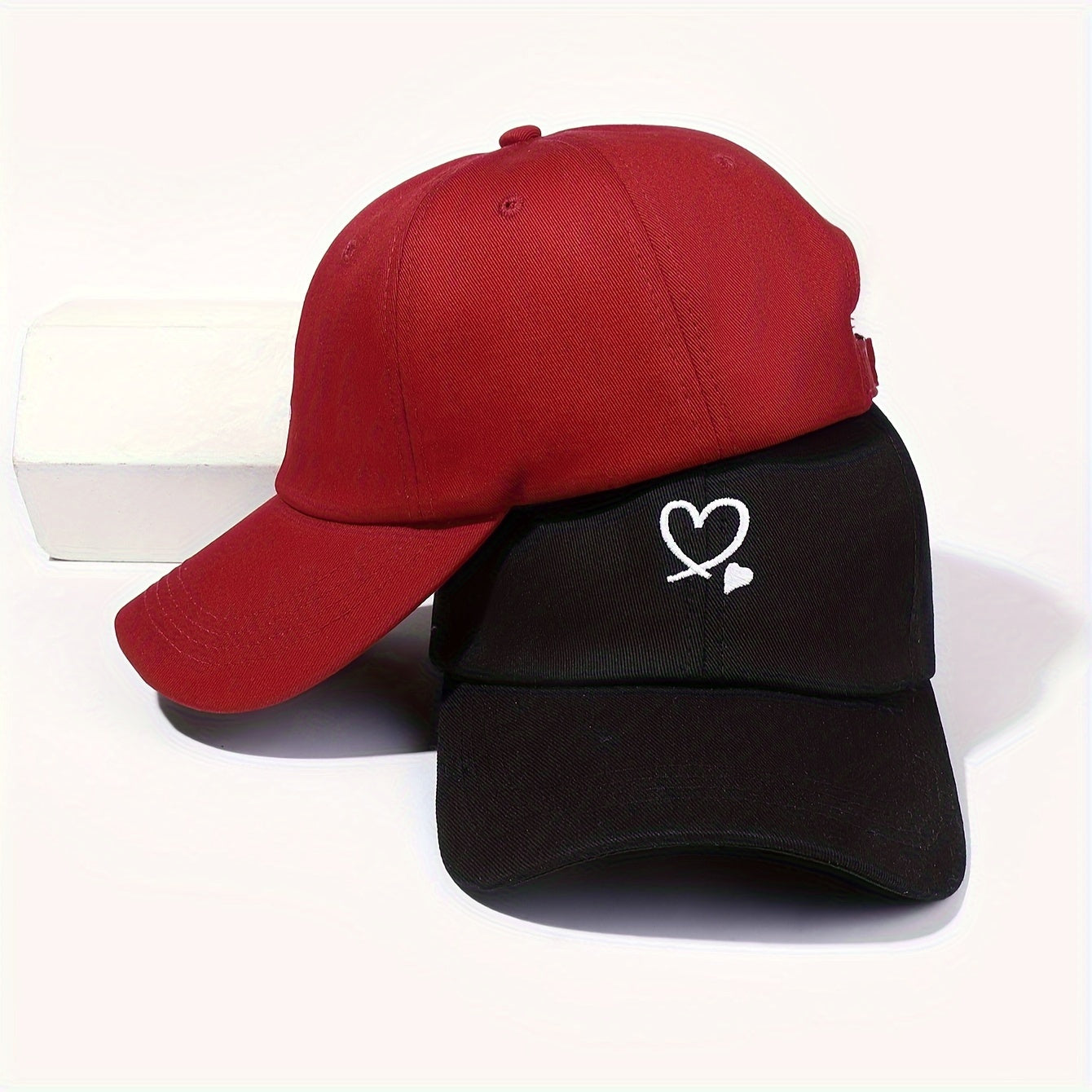 Unisex Embroidered Adjustable Sun Protection 2pcs Double Heart Baseball Caps - Woven Fabric, Hand Wash/Dry Clean, Holiday Theme Outdoor Leisure Hats, Casual Headgear | Adjustable Caps | Structured Cap