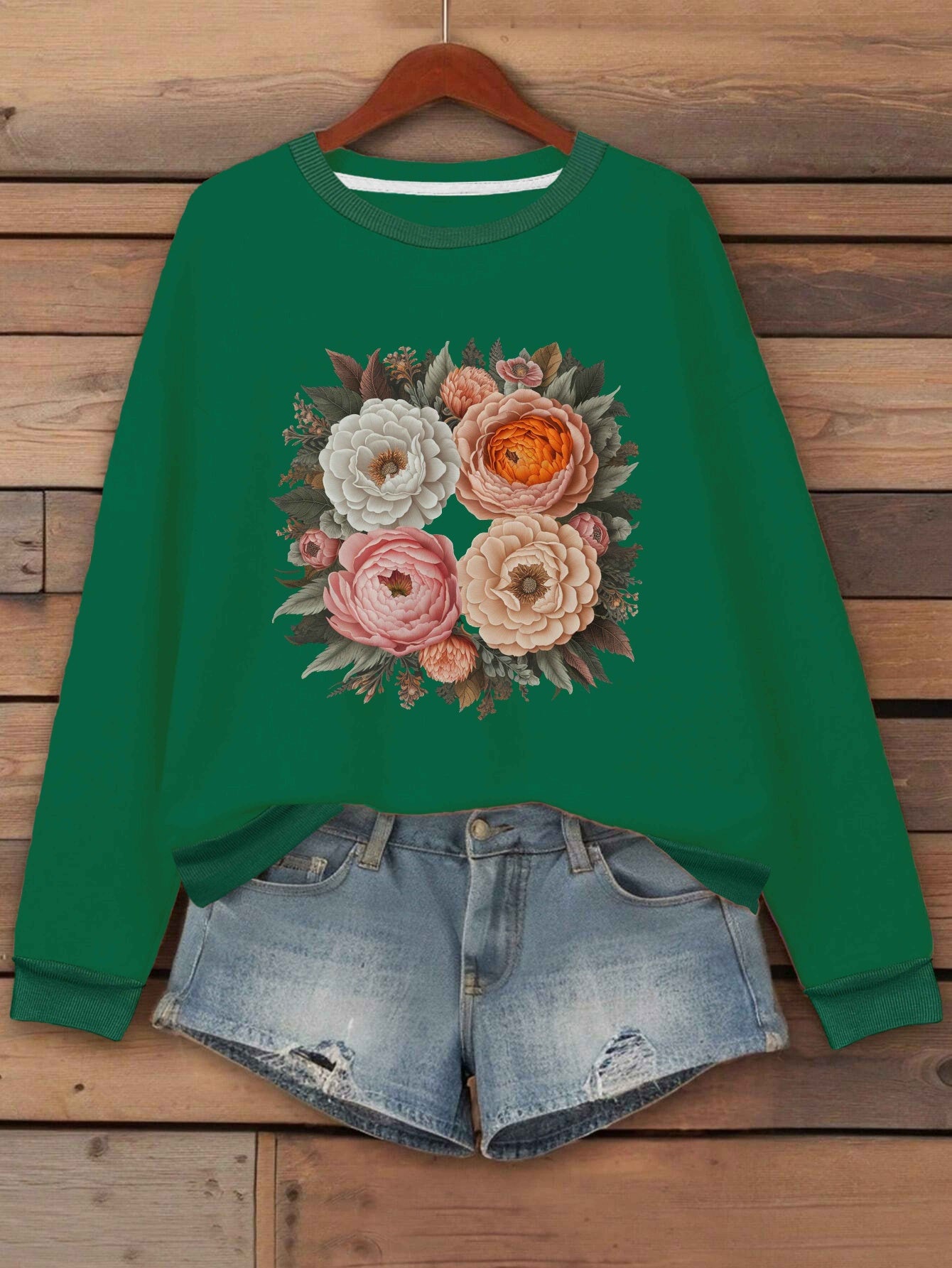 TeeDiy Women's Floral Embroidered Sweatshirt - Casual Long Sleeve, Round Neck, 100% Polyester, Machine Washable - Elegant Black with Pink & Orange Flowers, Perfect for Fall/Winter