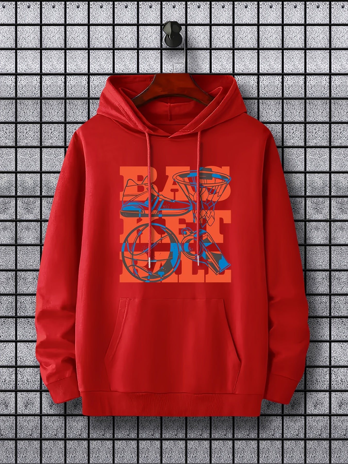Basketball Pattern, Men'S Trendy Comfy Hoodie, Casual Slightly Stretch Breathable Hooded Sweatshirt For Outdoor