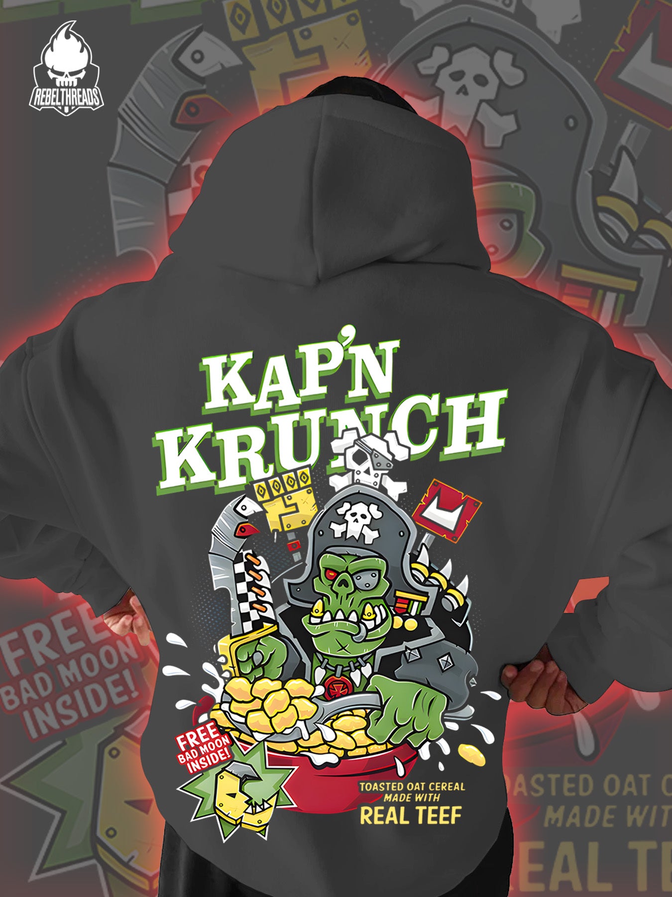 Street Cool KAP'N KRUNCH Pirate Oatmeal 270G Men'S Autumn And Winter Fleece Hoodie with Personalized Trendy Hip-Hop Streetwear And Kangaroo Pocket As a Gift Suitable for Individuals with Personality And Street Culture