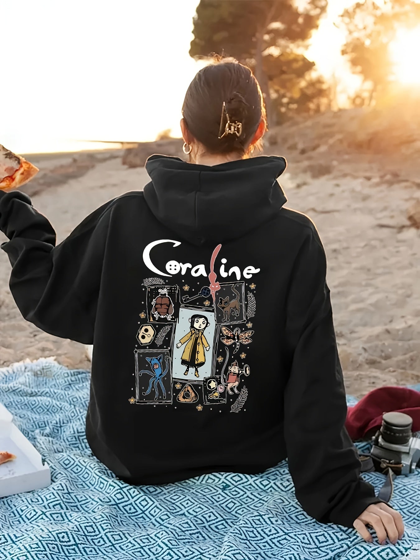 Comfortable Coraline Themed Cartoon Print Hoodie for Women, Casual Knit Fabric, Hooded Polyester Sweatshirt for All Seasons with Drawstring
