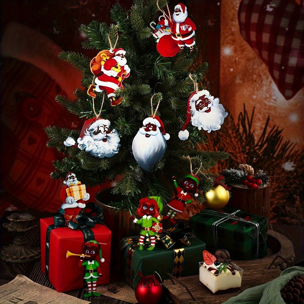 Traditional Wooden Black Santa Claus - Hanging Christmas Tree Decoration for Party - Elf Santa Claus