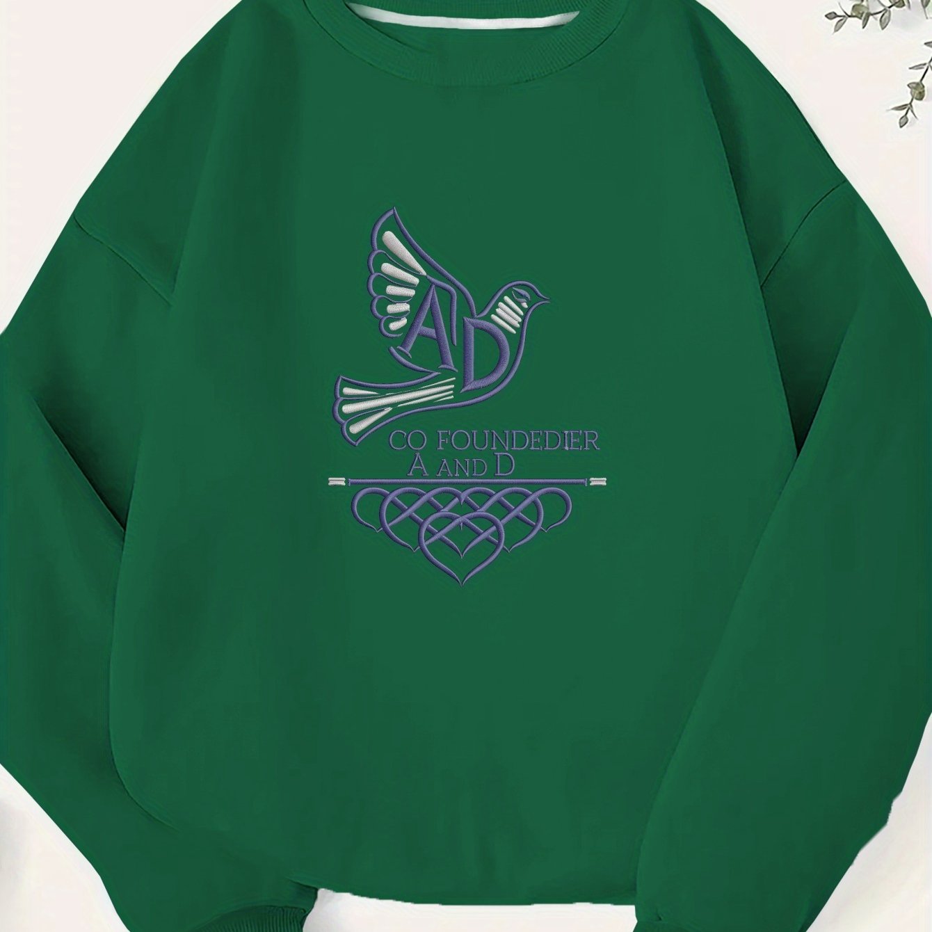 Plus Size Women's Green Sweatshirt with White Dove & Hearts Embroidery - Casual Crew Neck, Long Sleeve, 100% Polyester, Machine Washable - Perfect for Fall/Winter