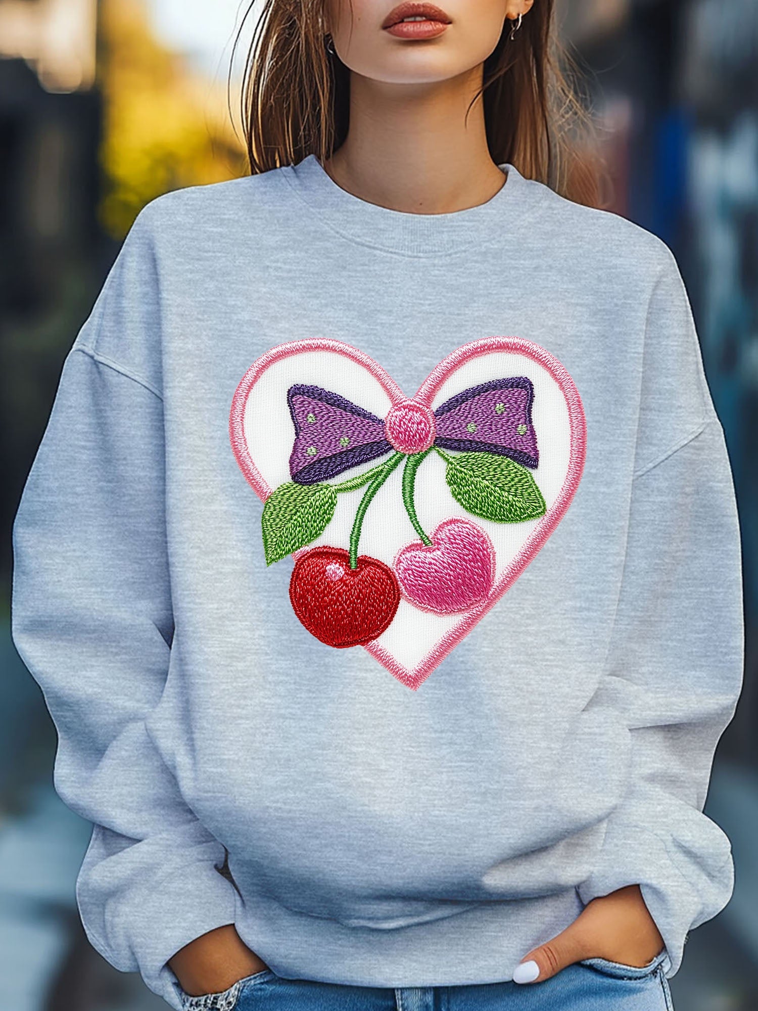 Women'S Cherry Love Heart Bow Embroider Print Sweatshirt Pullover Fall Loose Fashion Long Sleeve Crew Neck Sweatshirt Casual Comfy Clothes