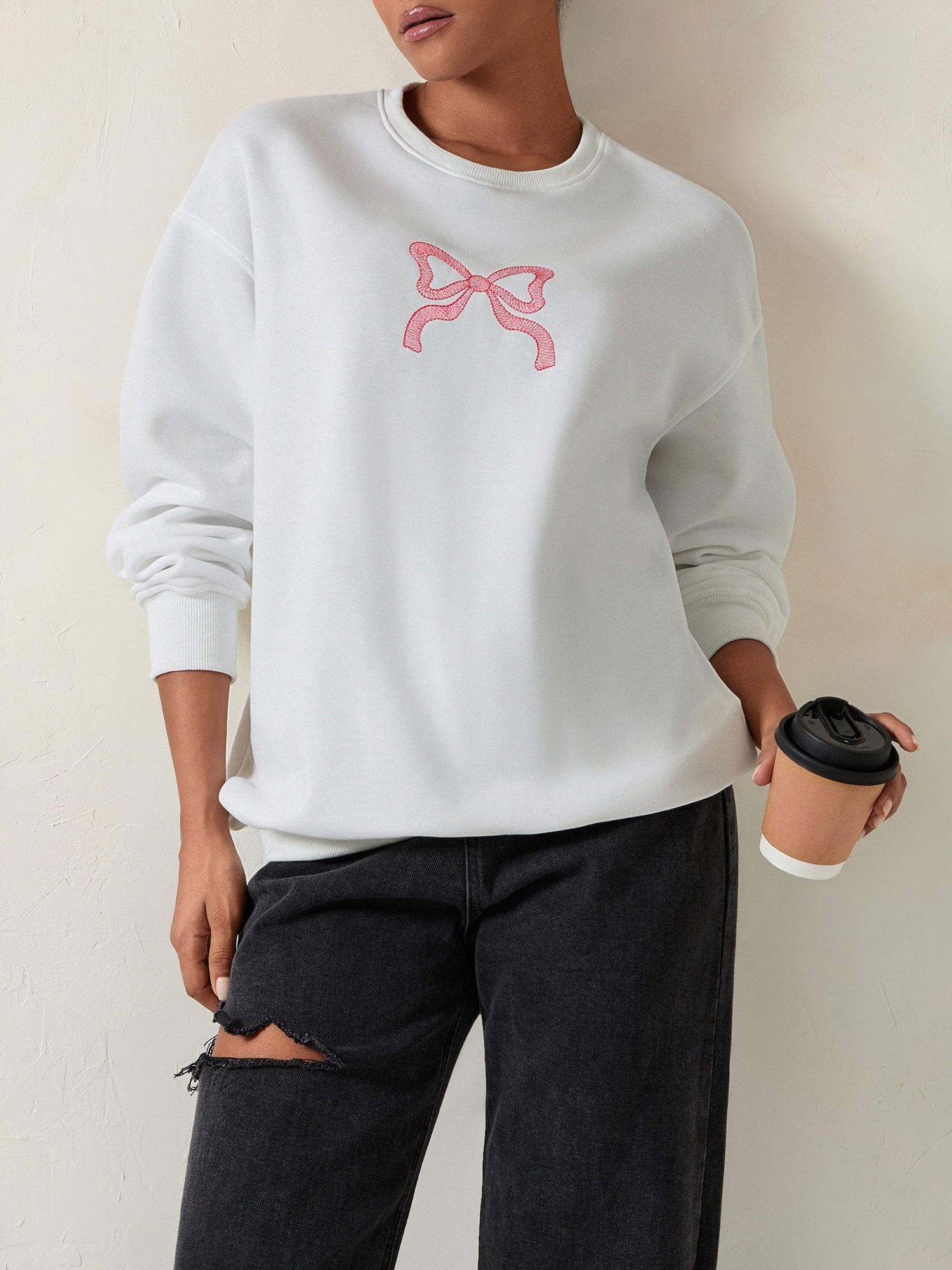 Women's Casual Loose Fit Long Sleeve Round Neck Sweatshirt - 100% Polyester Lightweight 119g/m², Solid Color with Red Bow Embroidery, Spring/Fall Pullover for Casual Attire