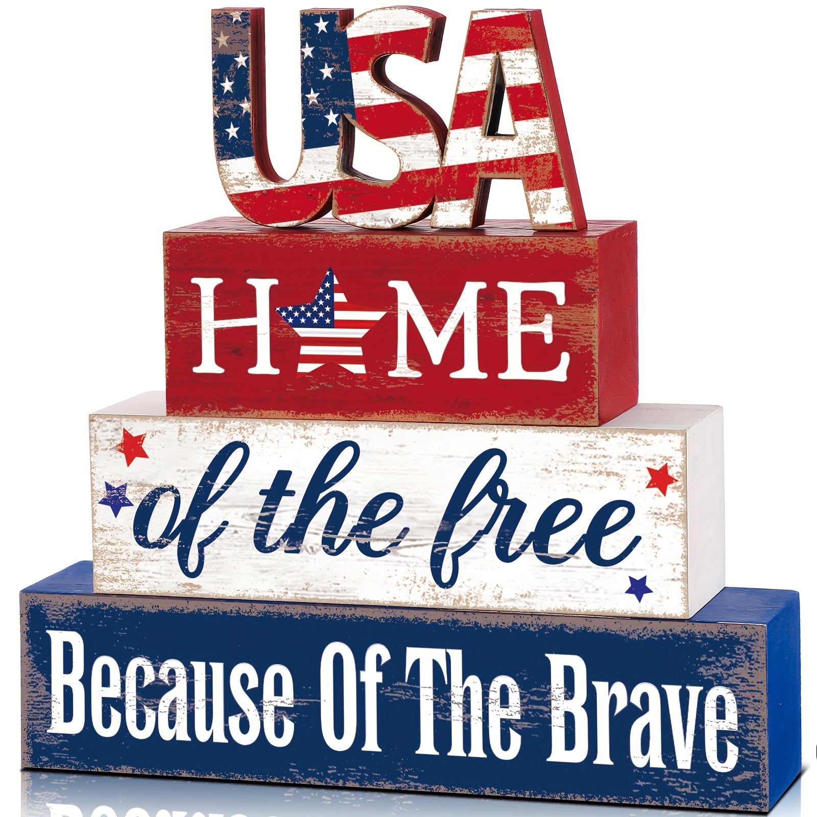 Farmhouse 4th of July Patriotic Table Sign Independence Day Table Wood Decorations Patriotic Themed Rustic Farmhouse Wood Block Sign for Party Home Desk Party Packs (Stylish)