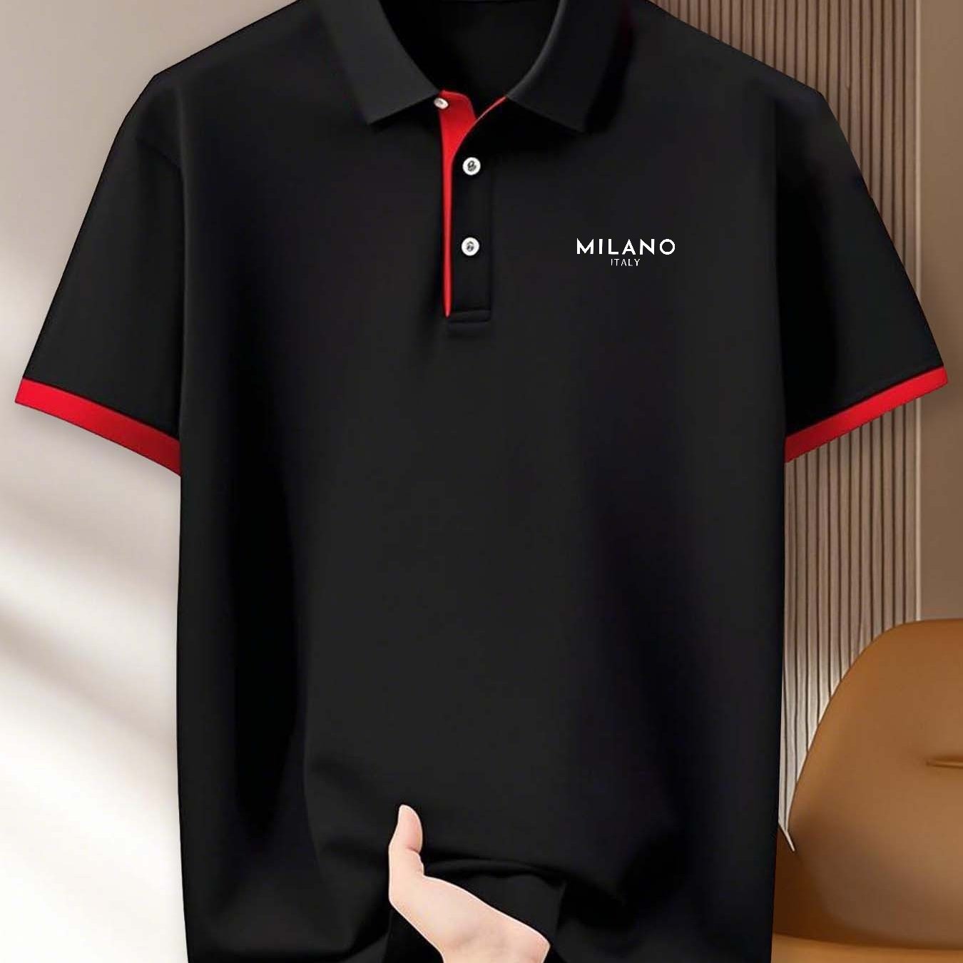 (230g) with MILANO letter print, Men's fashionable short-sleeve shirt for summer daily wear, suitable for fitness, running, and training, Men's short-sleeve golf shirt, business casual, can be used as a gift