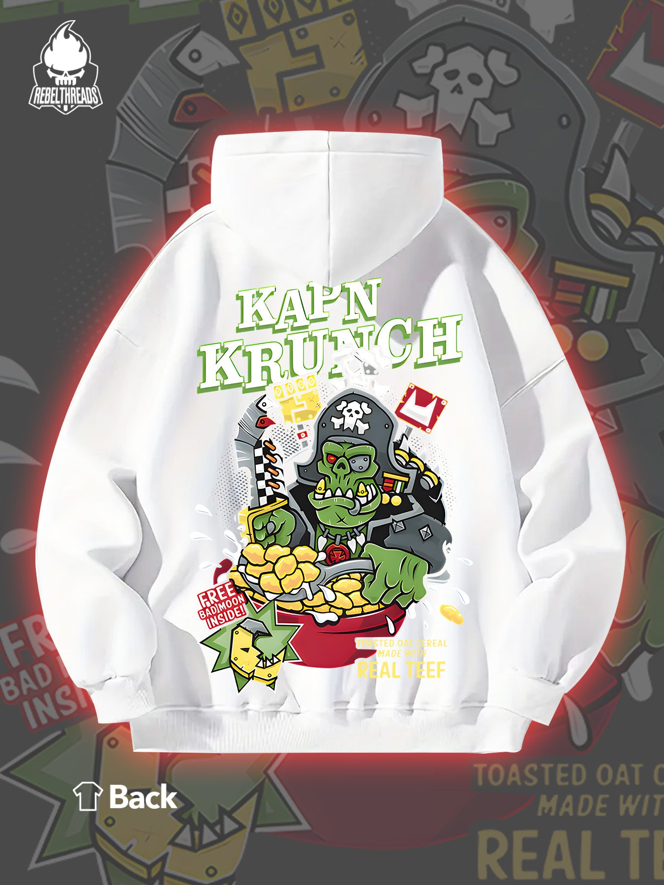 Street Cool KAP'N KRUNCH Pirate Oatmeal 270G Men'S Autumn And Winter Fleece Hoodie with Personalized Trendy Hip-Hop Streetwear And Kangaroo Pocket As a Gift Suitable for Individuals with Personality And Street Culture