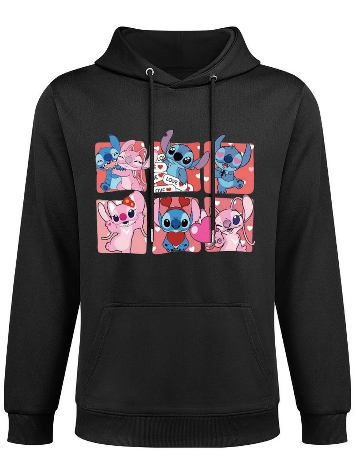 Disney Men's Black Retro Pullover Hoodie with Stitch & Angel Valentine's Digital Print, Soft Regular Fit Casual Sweatshirt, Machine Washable, Front Pocket, Disney Friends Graphic Design, Disney Hoodie, Durable Comfort Wear
