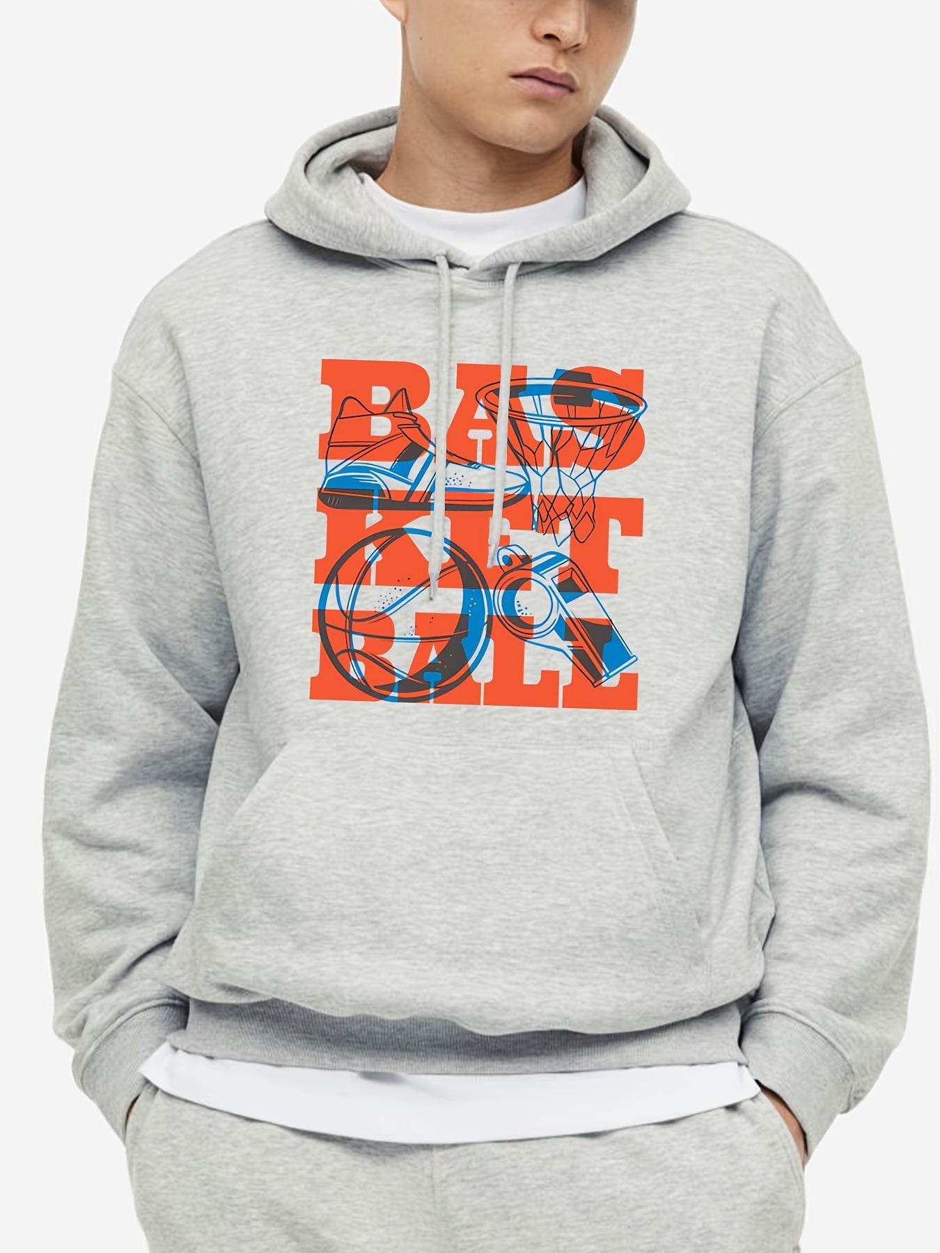 Basketball Pattern, Men'S Trendy Comfy Hoodie, Casual Slightly Stretch Breathable Hooded Sweatshirt For Outdoor