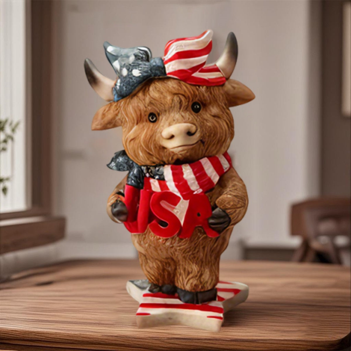 Mother'S Day Independence Day Birthday Gift New Casual, Elegant And Fashionable Patriotic Highland Cow Statue Cute Resin Animal Statue Independence Day Indoor And Outdoor Garden Decoration