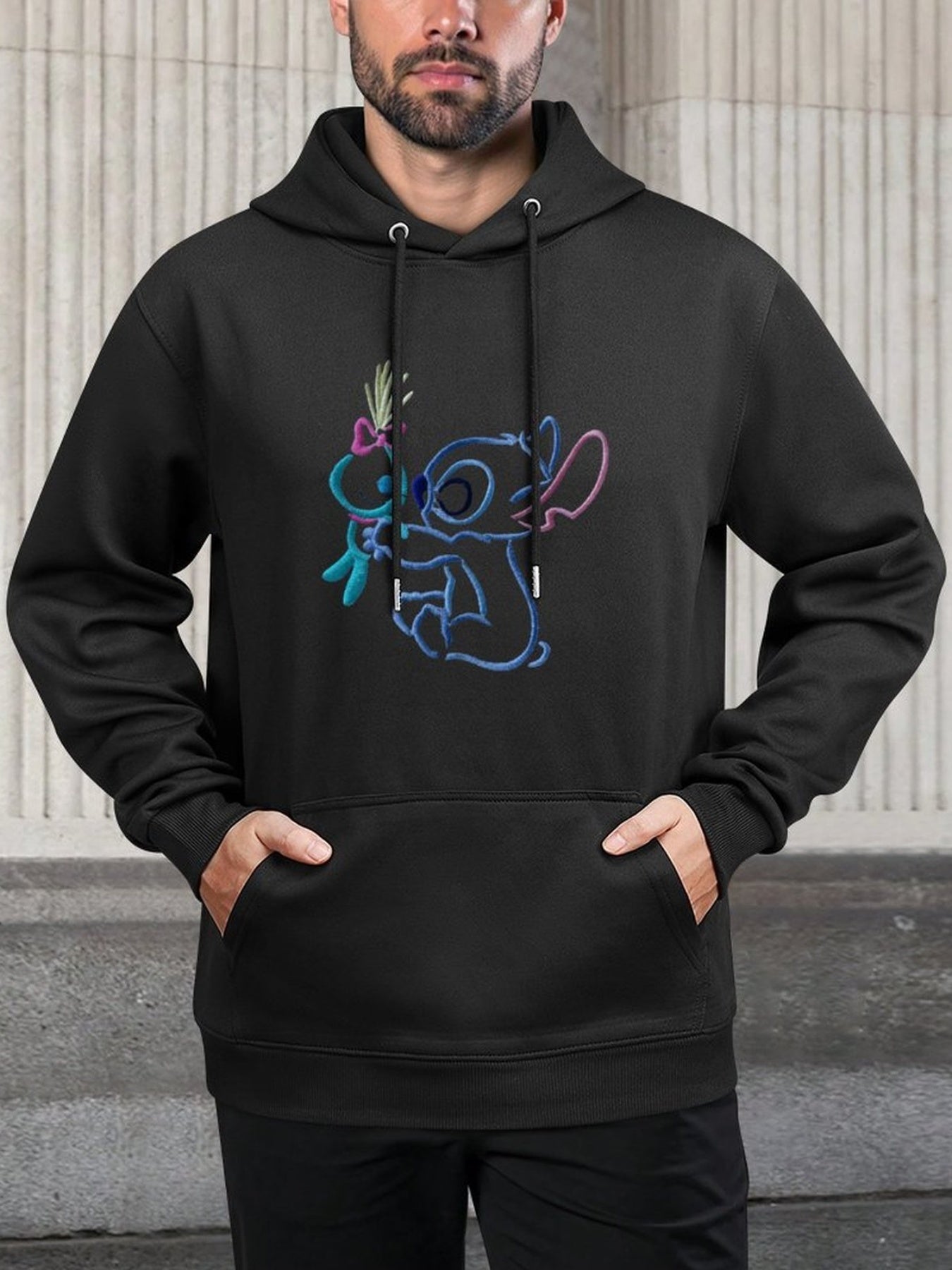 Disney Men's Black Retro Pullover Hoodie with Stitch & Angel Embroidery Art & Disney Friends Digital Print, Soft Regular Fit Casual Sweatshirt, Machine Washable, Front Pockets, Disney Hoodie, Durable Fabric
