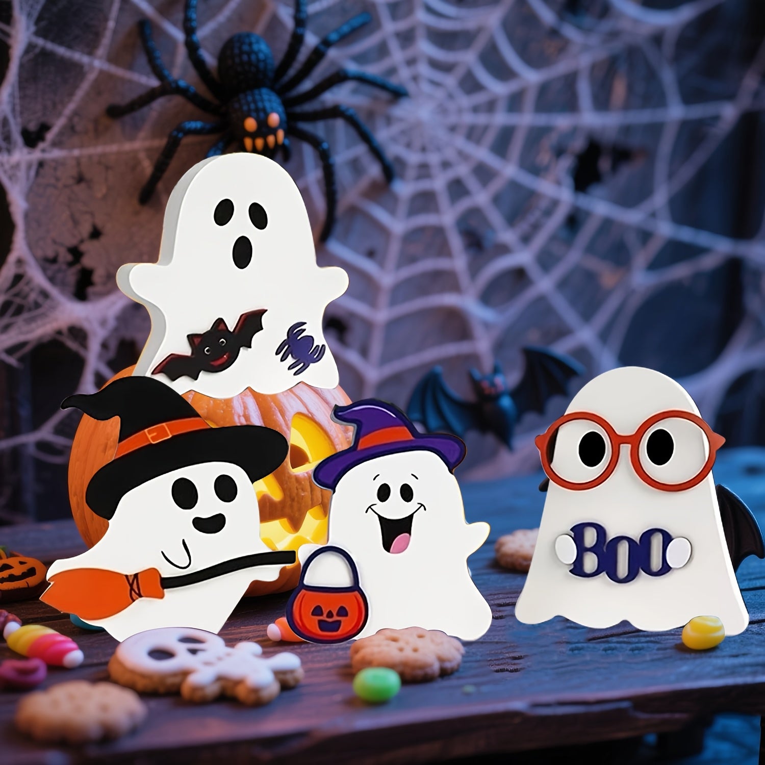 Cute Halloween Decorations Indoor - Halloween Decor/ Decor, 4pcs Wooden Halloween Signs for Table, Office Desk, Tiered Tray, Fireplace Mantle - Spooky Halloween Decorations