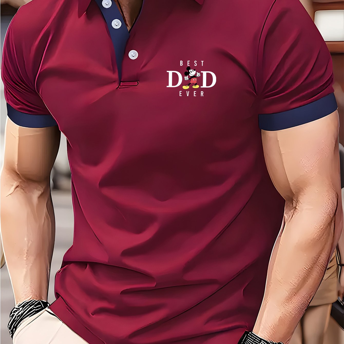 Disney BEST DAD EVER Mickey Theme Print Shirt - Lightweight Quick-Dry Breathable Polyester, Color Blocked Collar & Sleeve Trim, Unisex Golf & Tennis Shirt for Summer, Perfect Father's Day Gift