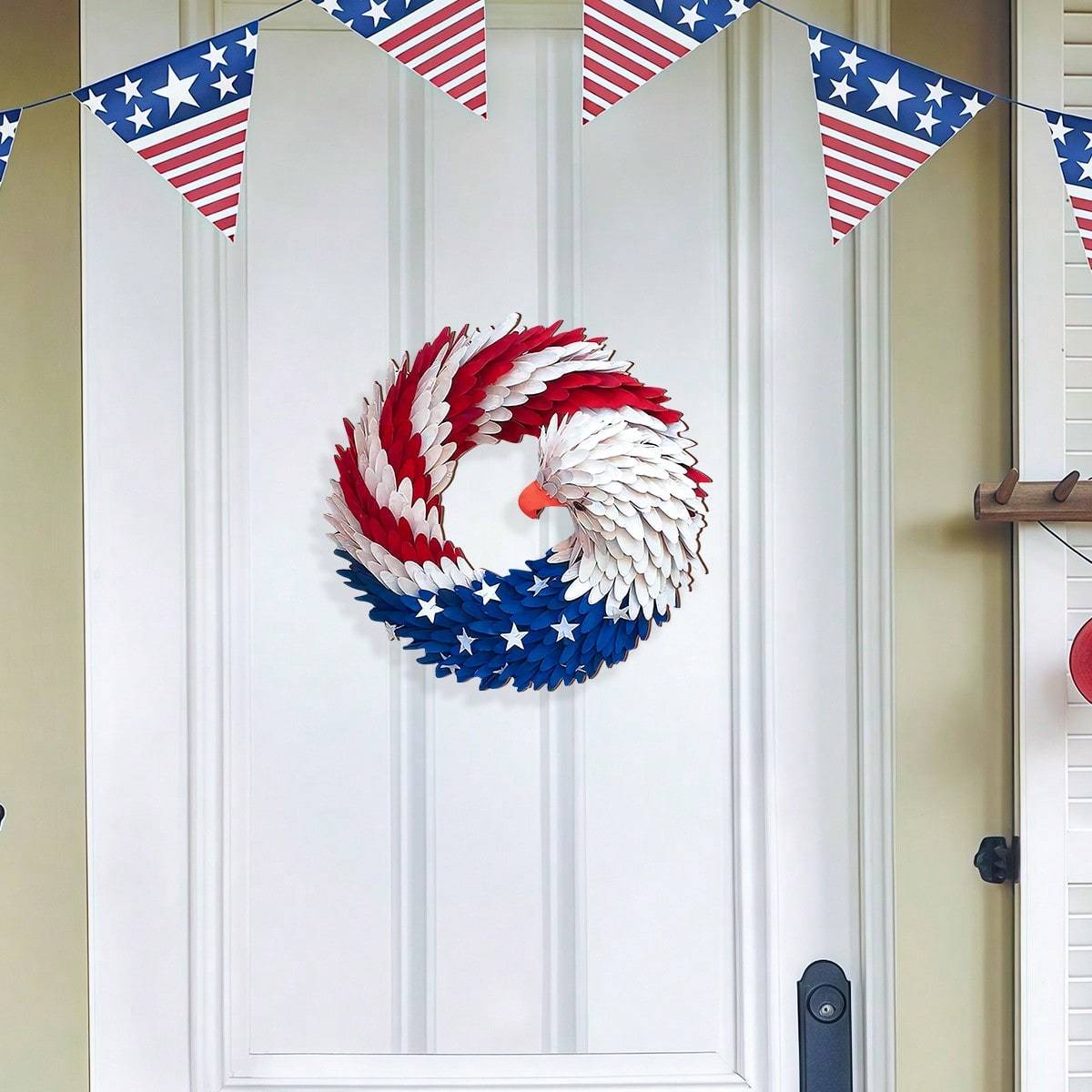 2D Wooden Eagle Wreath for Front Door - Patriotic Stars & Stripes Design, Weatherproof Outdoor/Indoor Decoration, 4th of July Independence Day Decor, No Electricity Needed, Durable Plastic & Fabric Craft