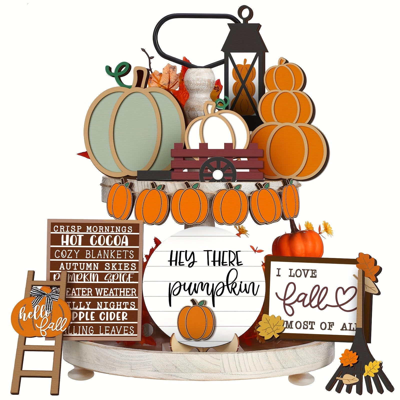 Thanksgiving Fall Tiered Tray Decorating Set - Fall Pumpkin Leaf Rustic Farmhouse Decorative Tray - Home Kitchen Wooden Tabletop Sign (Rustic)