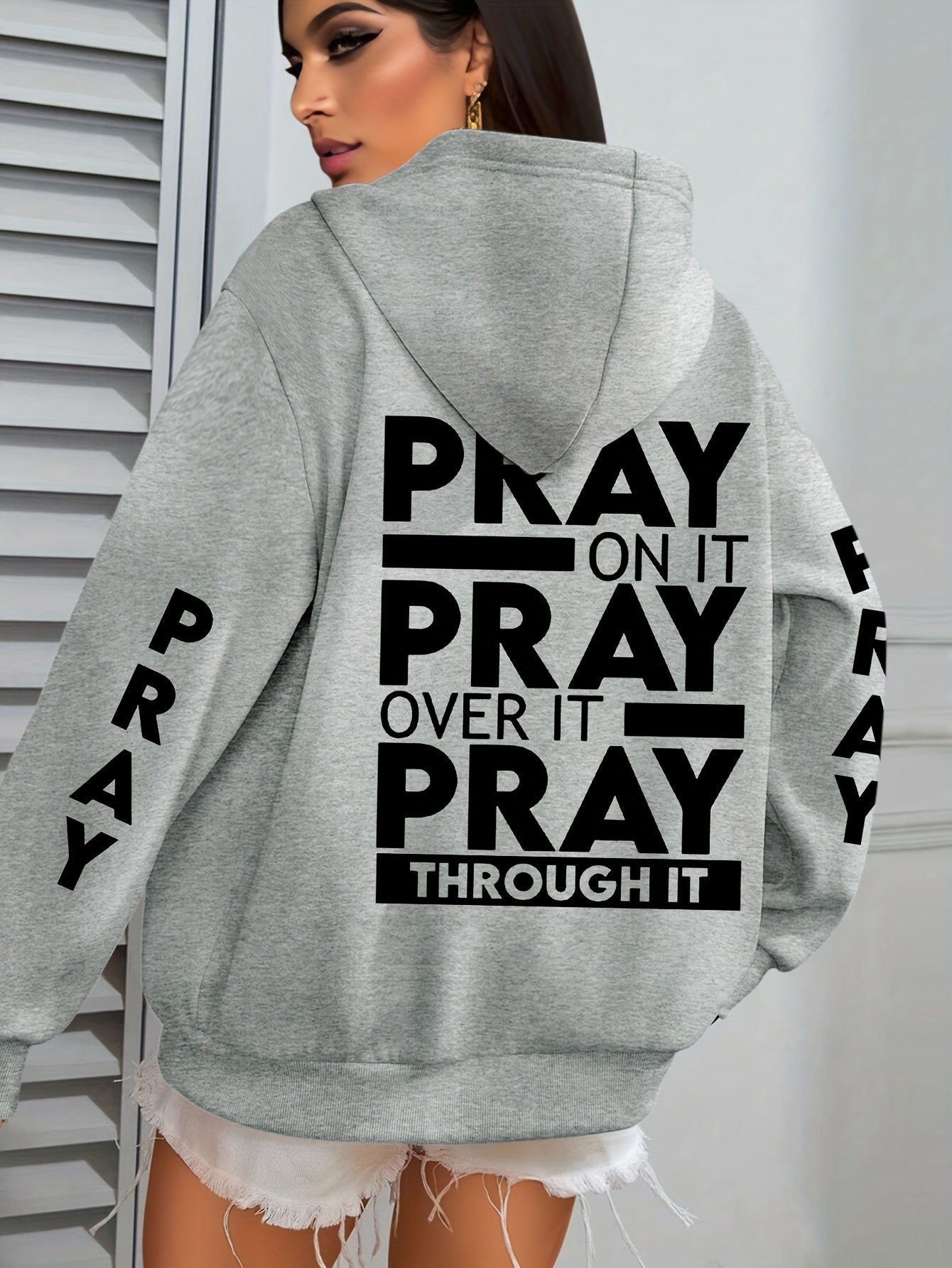 Plus Size PRAY Print Kangaroo Pocket Hoodie - Cozy Casual Long Sleeve Drawstring Sweatshirt with Relaxed Fit for Spring and Fall, Soft and Breathable Fabric, Women's Comfortable Plus Size Clothing