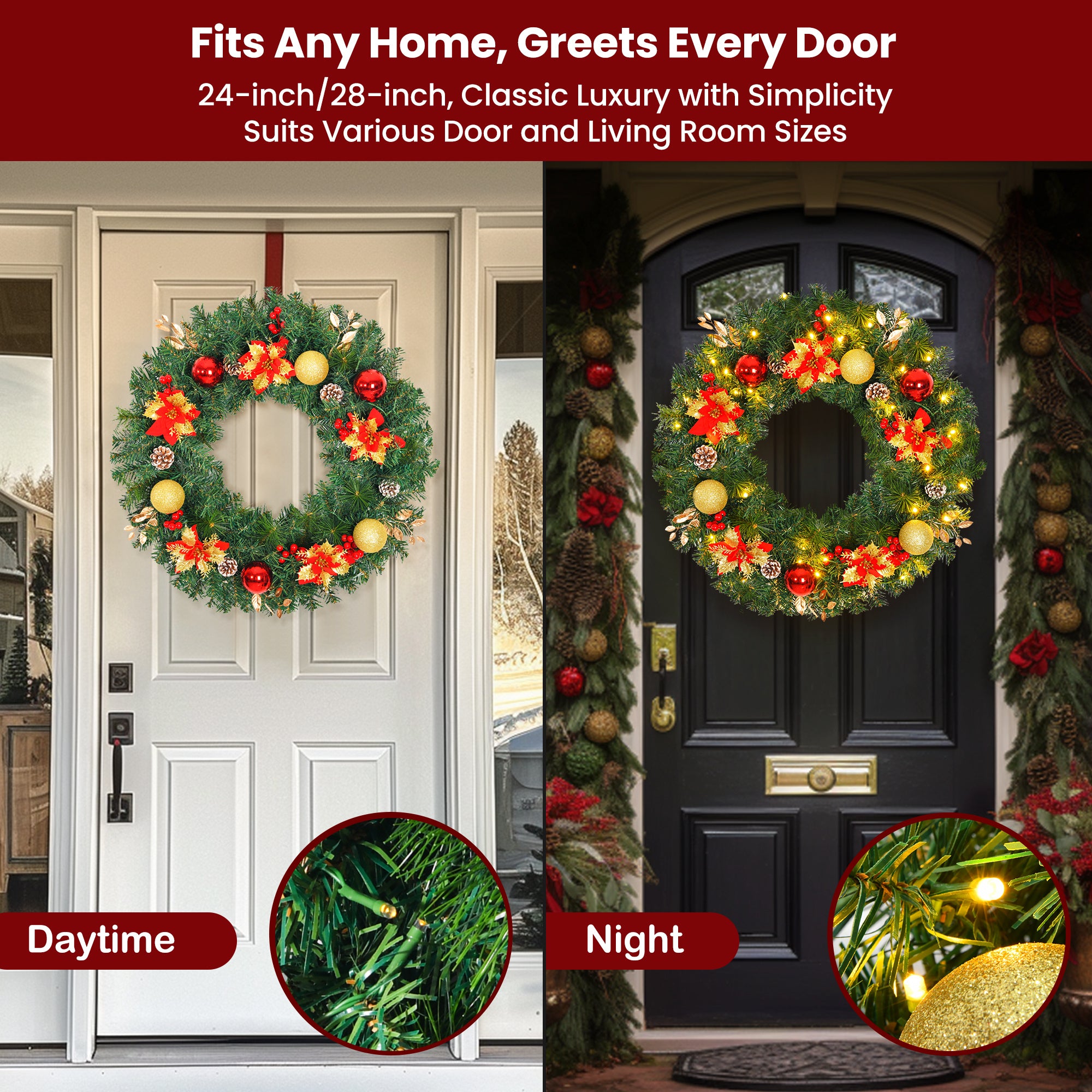 28inch 8 Modes Extra Large Pre-lit Christmas Wreath Artificial Deluxe Lighted Christmas Wreath Decorations Ornament with LED Lights Door Window Fireplace Decor Timer Function