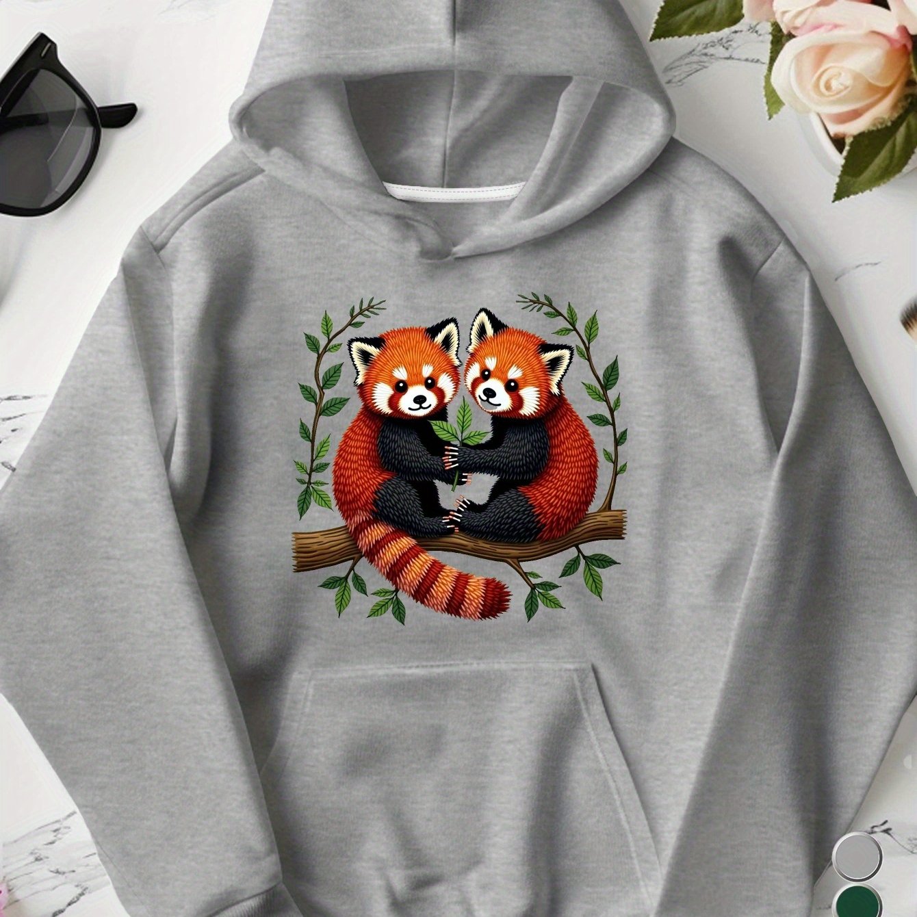 Women's Plus Size Embroidered Red Pandas Branch Hoodie - Grey Casual Pullover with Front Pocket, 100% US Printed Design, Machine Washable Autumn Winter Sweatshirt, Animal Lover Apparel, Playful Animal Design, Detailed Embroid