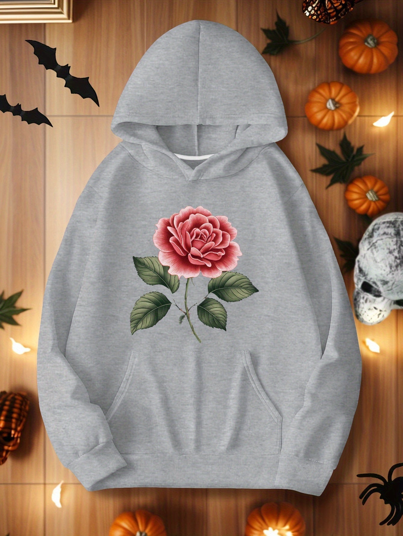 Embroidered Red Rose Illustration Women'S Plus Size Casual Hoodies