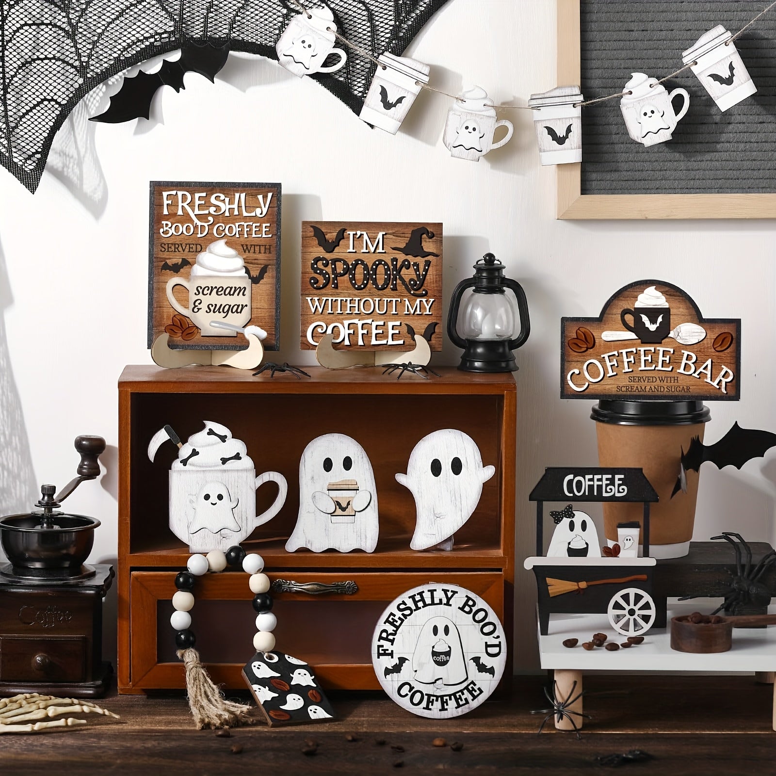 Halloween Tiered Tray Decor Coffee Ghost Decorations Wooden Signs And Bead Garland Farmhouse Rustic For Home Table Party Supplies, Black, White